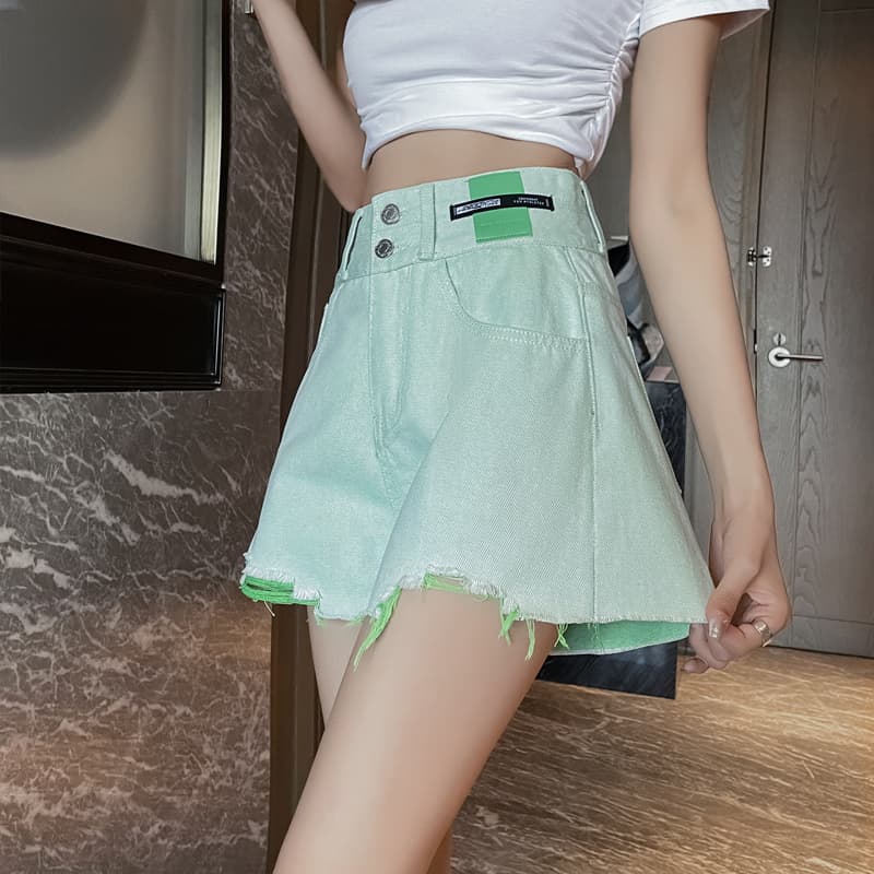 실사 박하 녹색 넓은 다리 데님 반바지 여성 여름 얇은 스타일 하이웨이스트 슬림해 보이는 루즈핏 디자인 센스 핫걸 뜨거운 바지 이미지 5