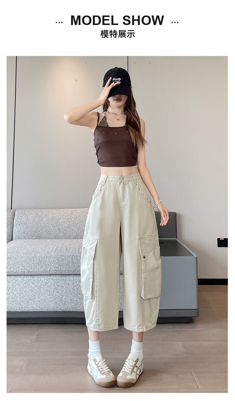 실사 베이지 색 워크웨어 바람 기타 주머니 와이드 레깅스 바지 2026 여름 얇은 스타일 배 모양 표지 넓적 다리 모통이 칼 바지 바지 상세 이미지 14