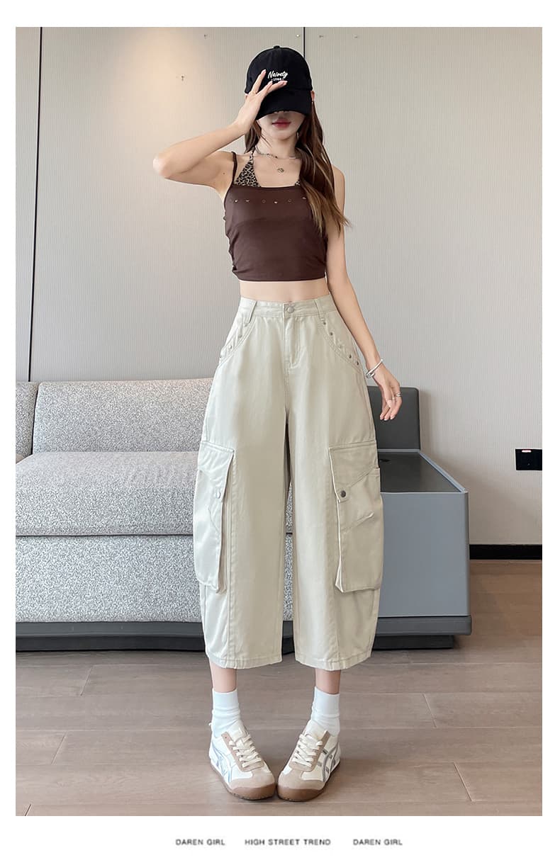 실사 베이지 색 워크웨어 바람 기타 주머니 와이드 레깅스 바지 2026 여름 얇은 스타일 배 모양 표지 넓적 다리 모통이 칼 바지 바지 상세 이미지 18
