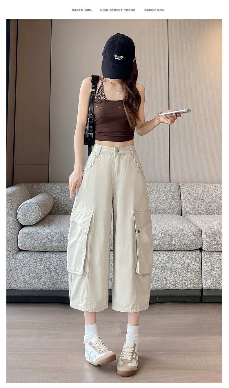 실사 베이지 색 워크웨어 바람 기타 주머니 와이드 레깅스 바지 2026 여름 얇은 스타일 배 모양 표지 넓적 다리 모통이 칼 바지 바지 상세 이미지 20