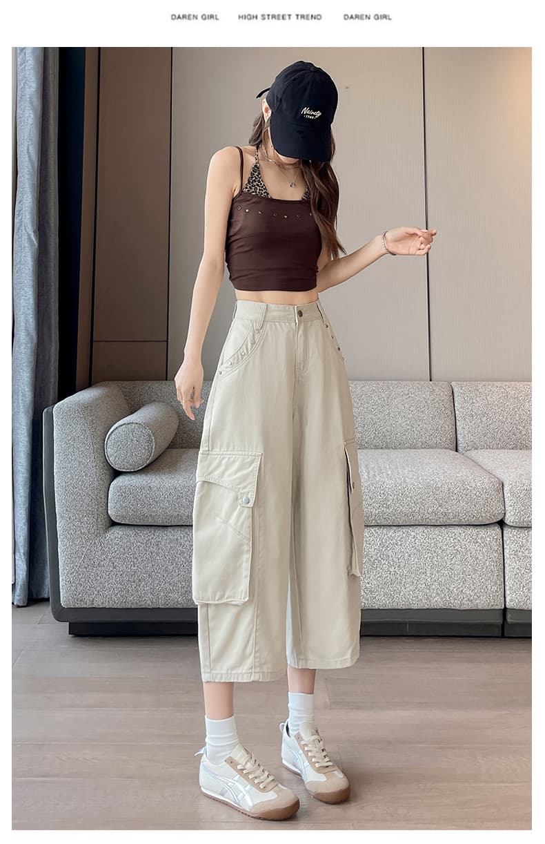 실사 베이지 색 워크웨어 바람 기타 주머니 와이드 레깅스 바지 2026 여름 얇은 스타일 배 모양 표지 넓적 다리 모통이 칼 바지 바지 상세 이미지 21