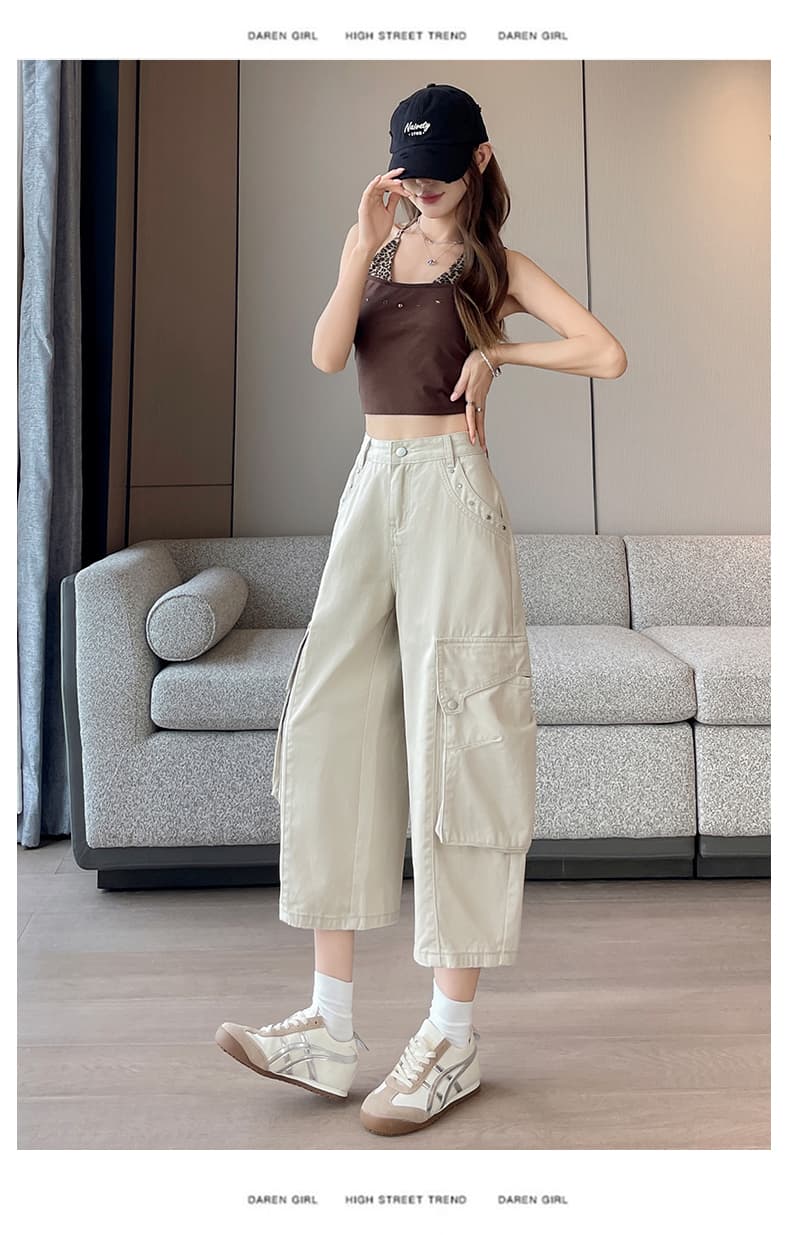 실사 베이지 색 워크웨어 바람 기타 주머니 와이드 레깅스 바지 2026 여름 얇은 스타일 배 모양 표지 넓적 다리 모통이 칼 바지 바지 상세 이미지 22