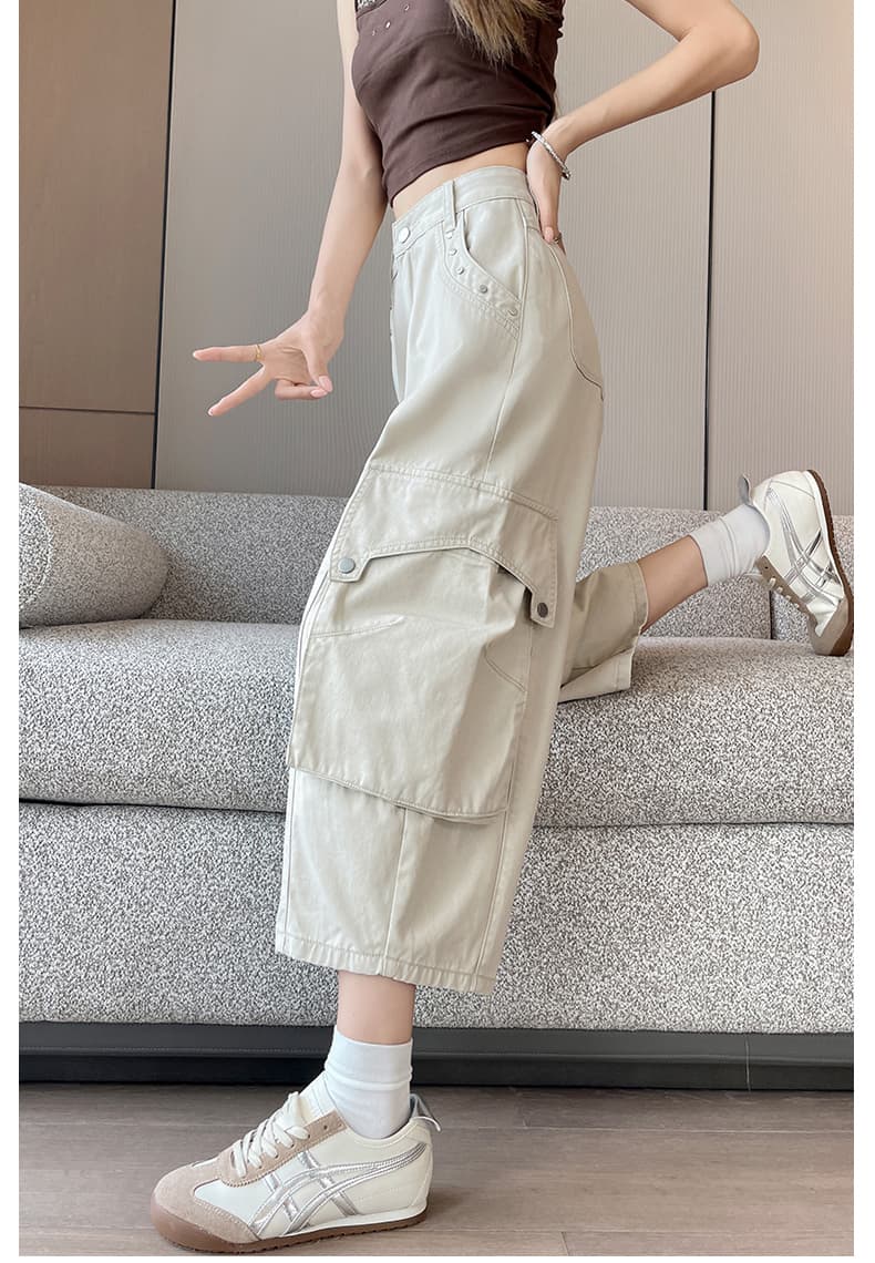 실사 베이지 색 워크웨어 바람 기타 주머니 와이드 레깅스 바지 2026 여름 얇은 스타일 배 모양 표지 넓적 다리 모통이 칼 바지 바지 상세 이미지 23