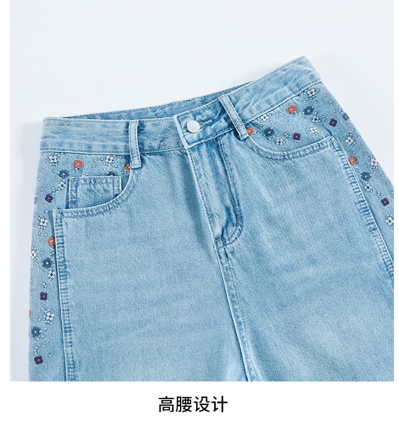 실사 디자인 센스 하늘색 자수 넓은 다리 청바지 여름 새로운 루즈핏 하이웨이스트 슬림해 보이는 9 포인트 스트레이트 팬츠 상세 이미지 21