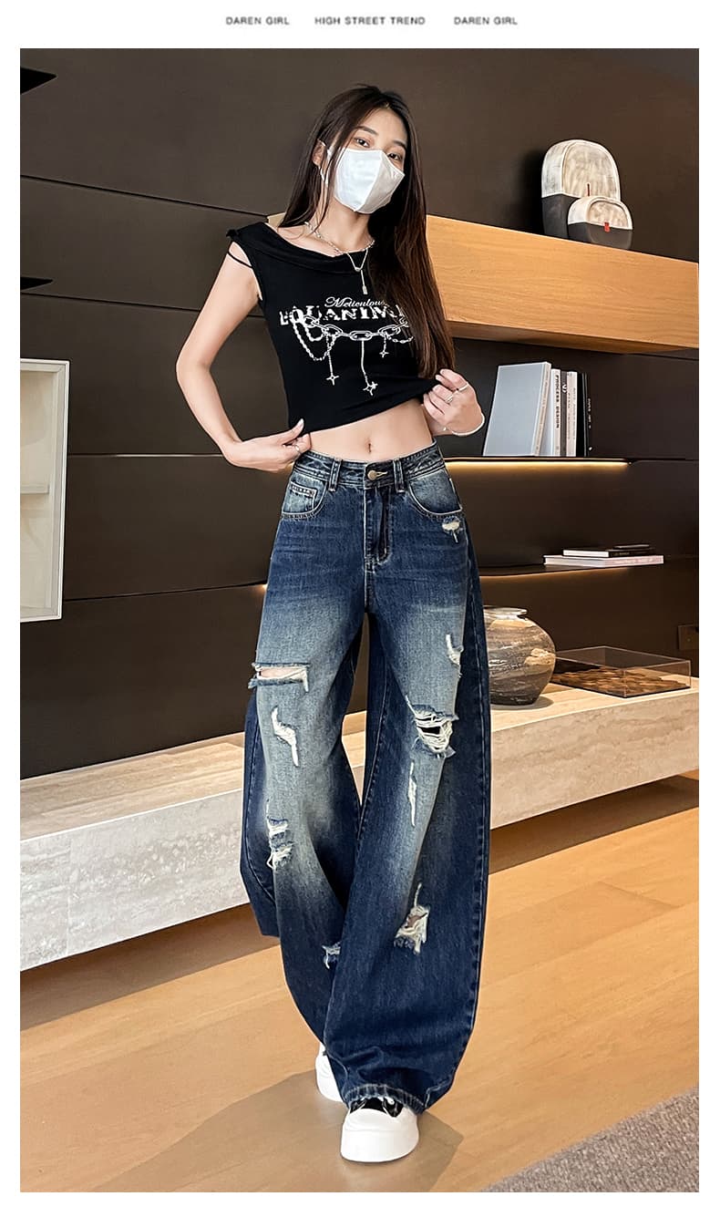 실사 모통이 칼 찢어진 부분 넓은 다리 청바지 여성 2026 여름 새로운 루즈핏 슬림해 보이는 아메리칸 레트로 스트레이트 바닥 청소 바지 상세 이미지 21
