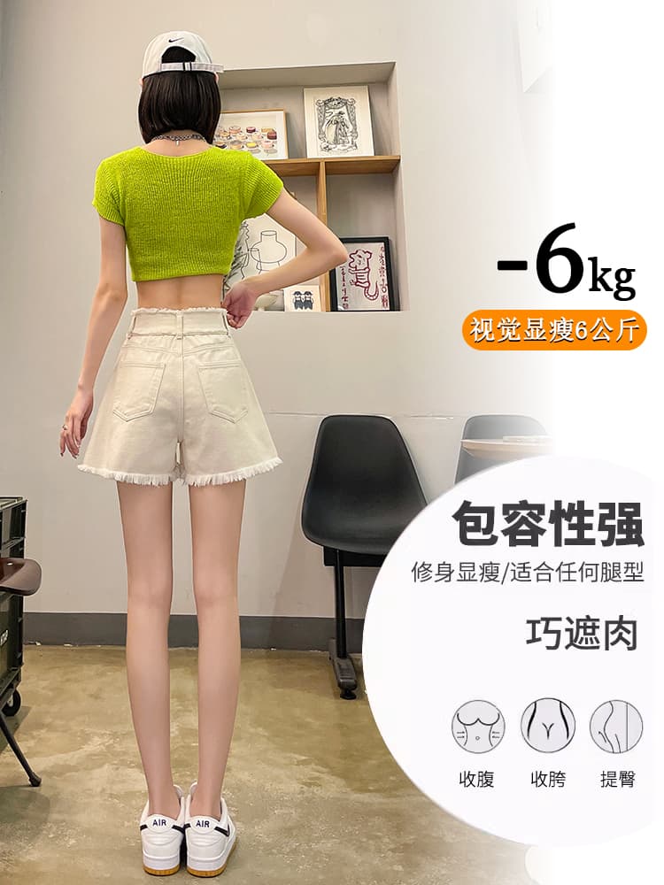 실사 베이지 색 데님 반바지 여성 여름 얇은 스타일 2026 년 새로운 하이웨이스트 거친 가장자리 한 마디 넓은 다리 뜨거운 바지 이미지 5