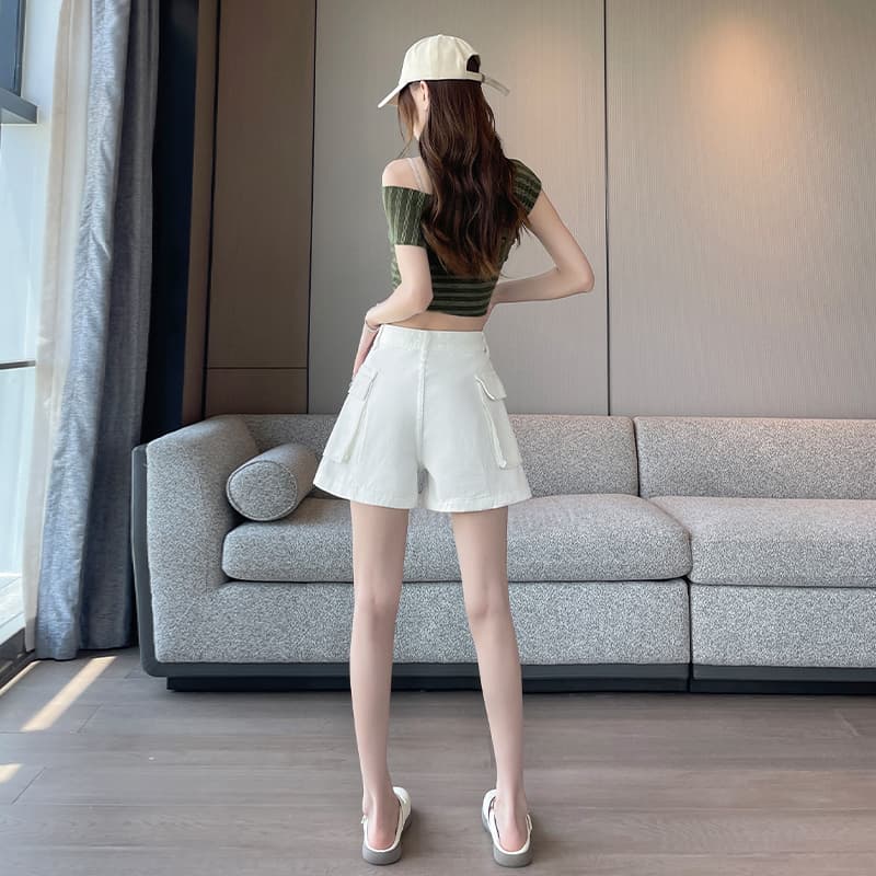 실사 아메리칸 쌀 화이트 워크웨어 데님 반바지 여성 2026 여름 얇은 스타일 한 마디 복부 수축 작은 키 달콤한 차가운 바람 바지 이미지 4