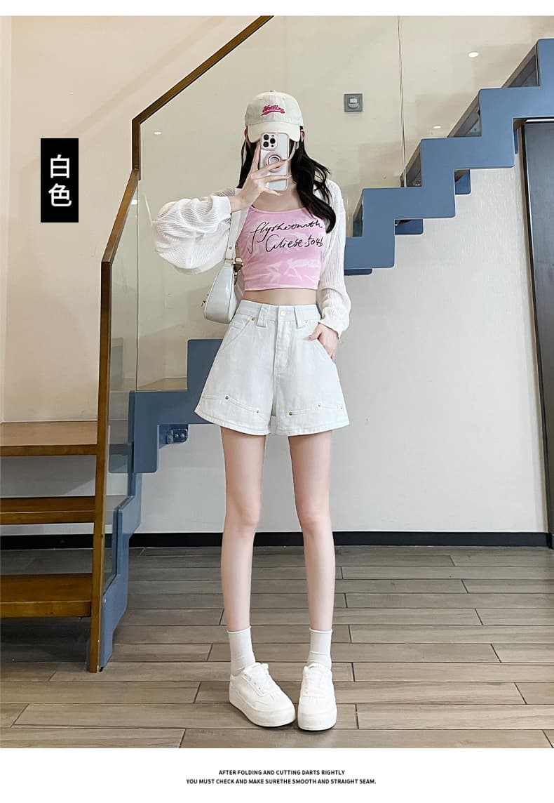 실사 단 닝 블루 데님 반바지 여성 2026 여름 얇은 스타일 하이웨이스트 아메리칸 레트로 넓은 다리 배색 징 핫 바지 상세 이미지 16