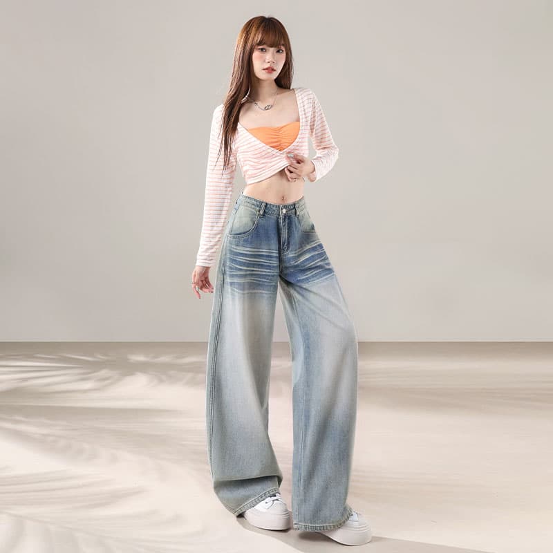실사 아메리칸 레트로 모통이 칼 청바지 여성 2026 가을 새로운 디자인 센스 루즈핏 슬림해 보이는 도루 센스 와이드 레그 팬츠 이미지 2
