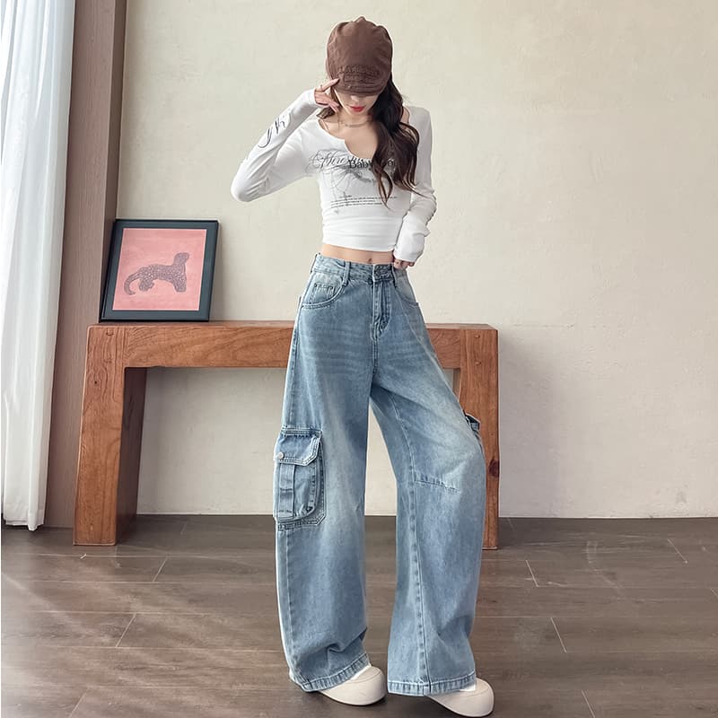 실사 워크웨어 스트레이트 청바지 여성 가을 새로운 루즈핏 핫걸 다용도 슬림해 보이는 세련된 느슨함 센스 와이드 레그 팬츠 이미지 2