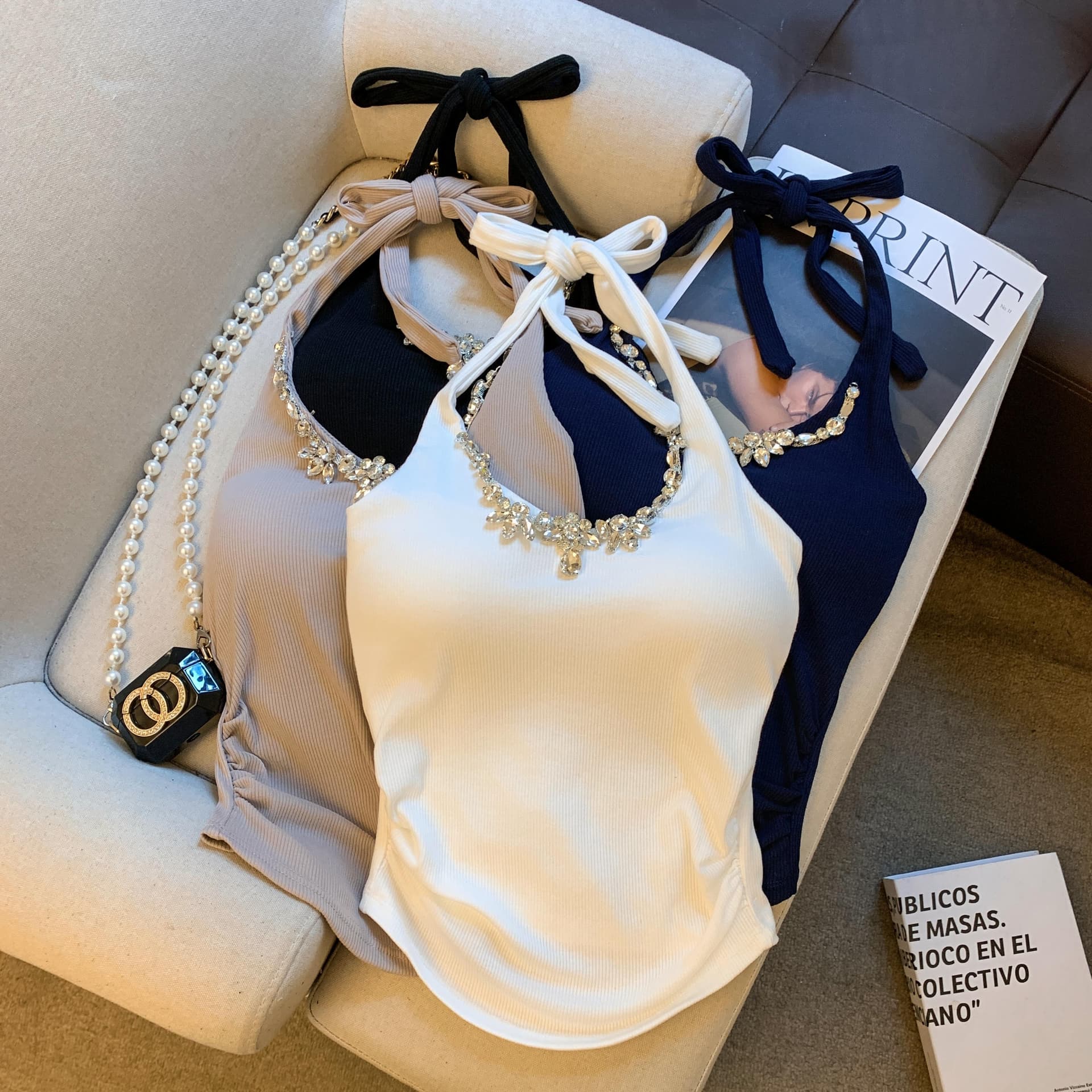 실사 순수한 욕망 바람 다이아몬드 세팅 행침 목 레이스업 민소매 조끼 여성 봄 핫걸 섹시함 백리스 몸매 가꾸기 슬림해 보이는 맨위 상세 이미지 1