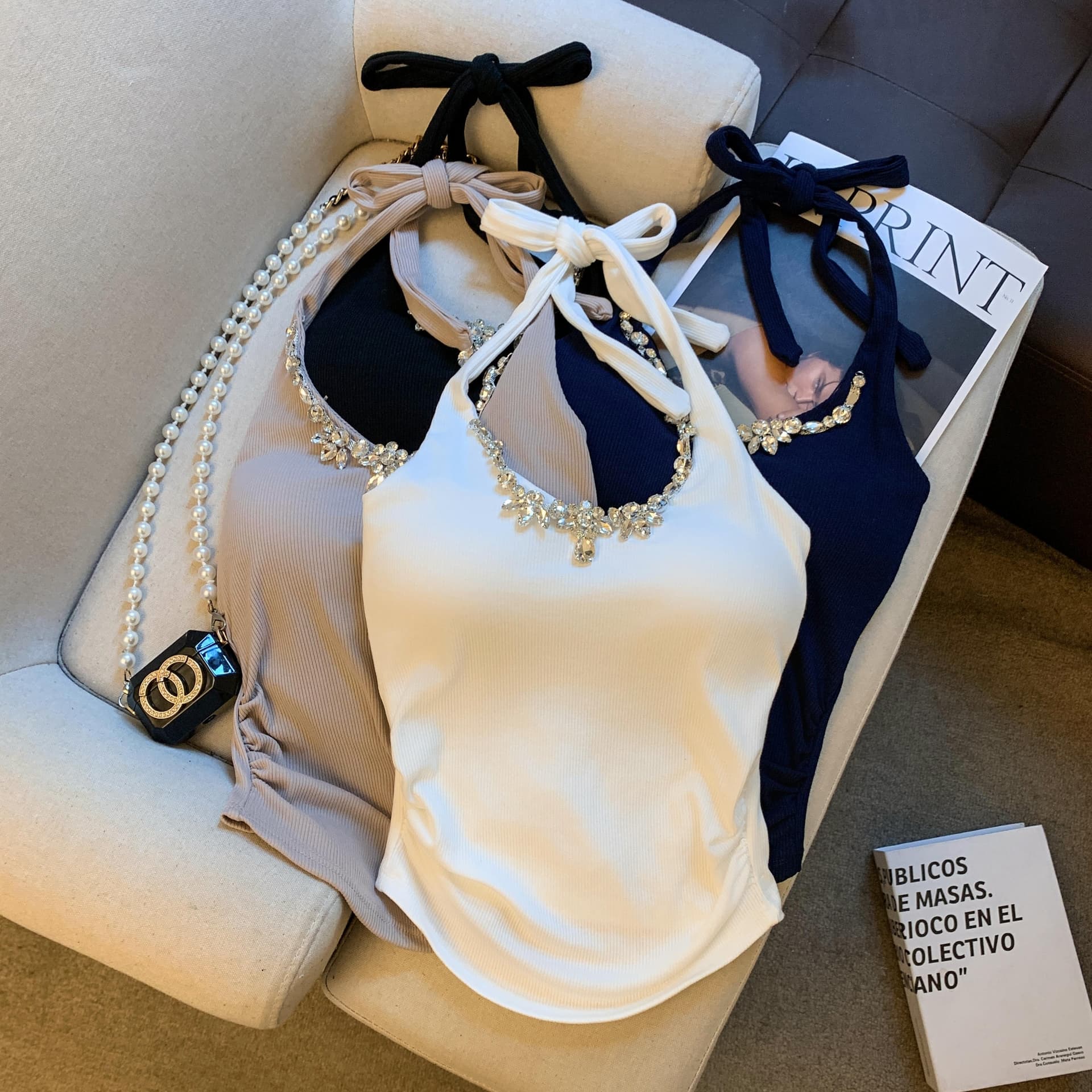 실사 순수한 욕망 바람 다이아몬드 세팅 행침 목 레이스업 민소매 조끼 여성 봄 핫걸 섹시함 백리스 몸매 가꾸기 슬림해 보이는 맨위 상세 이미지 2