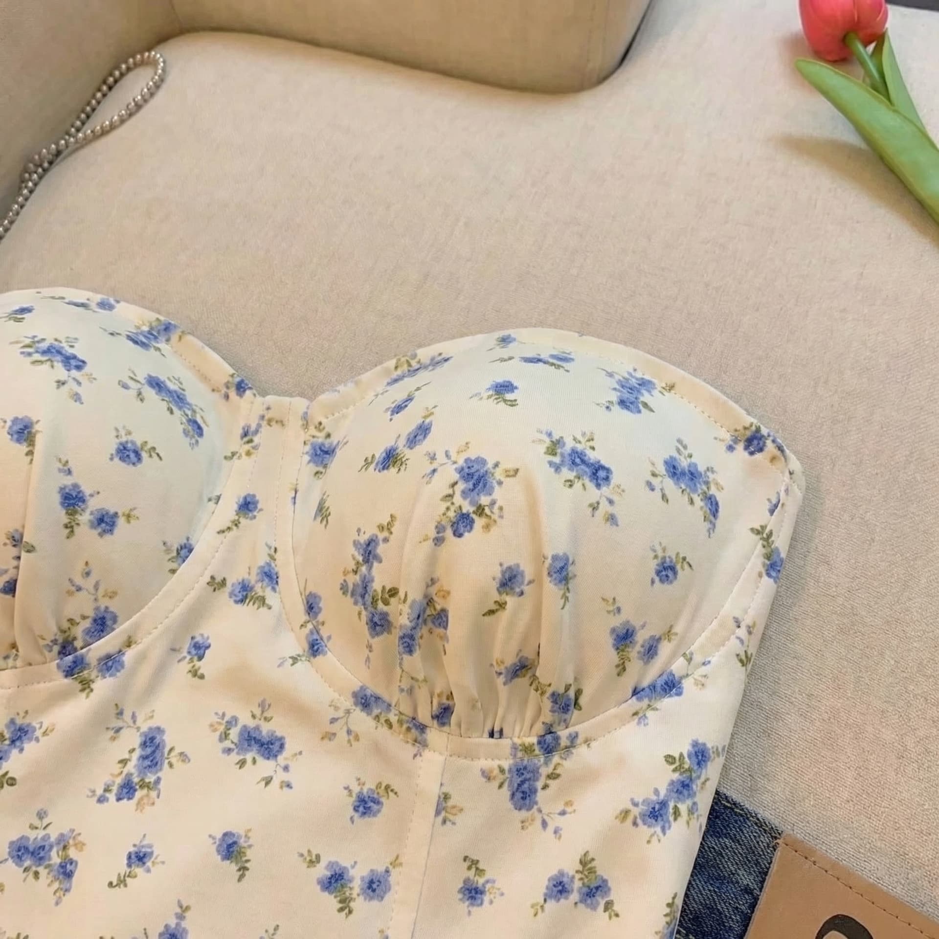 실사 튜브탑 꽃무늬 주름 조끼 여성 벨트 가슴 패드 여름 순수한 욕망 Chic 허리 수축 품격 어깨끈 없음 맨위 이미지 4