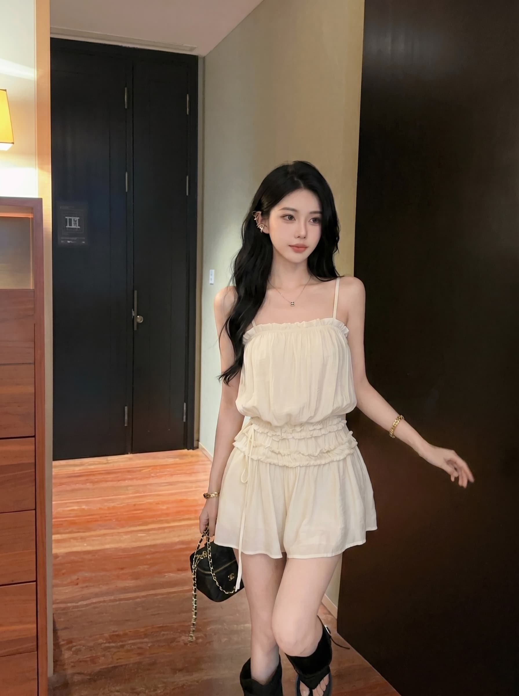 실사 titi 작은 자매 소녀 애정 드레스 여름 부드러운 달콤함 펌프 로프 쇼트 스타일 프릴 슬립 드레스