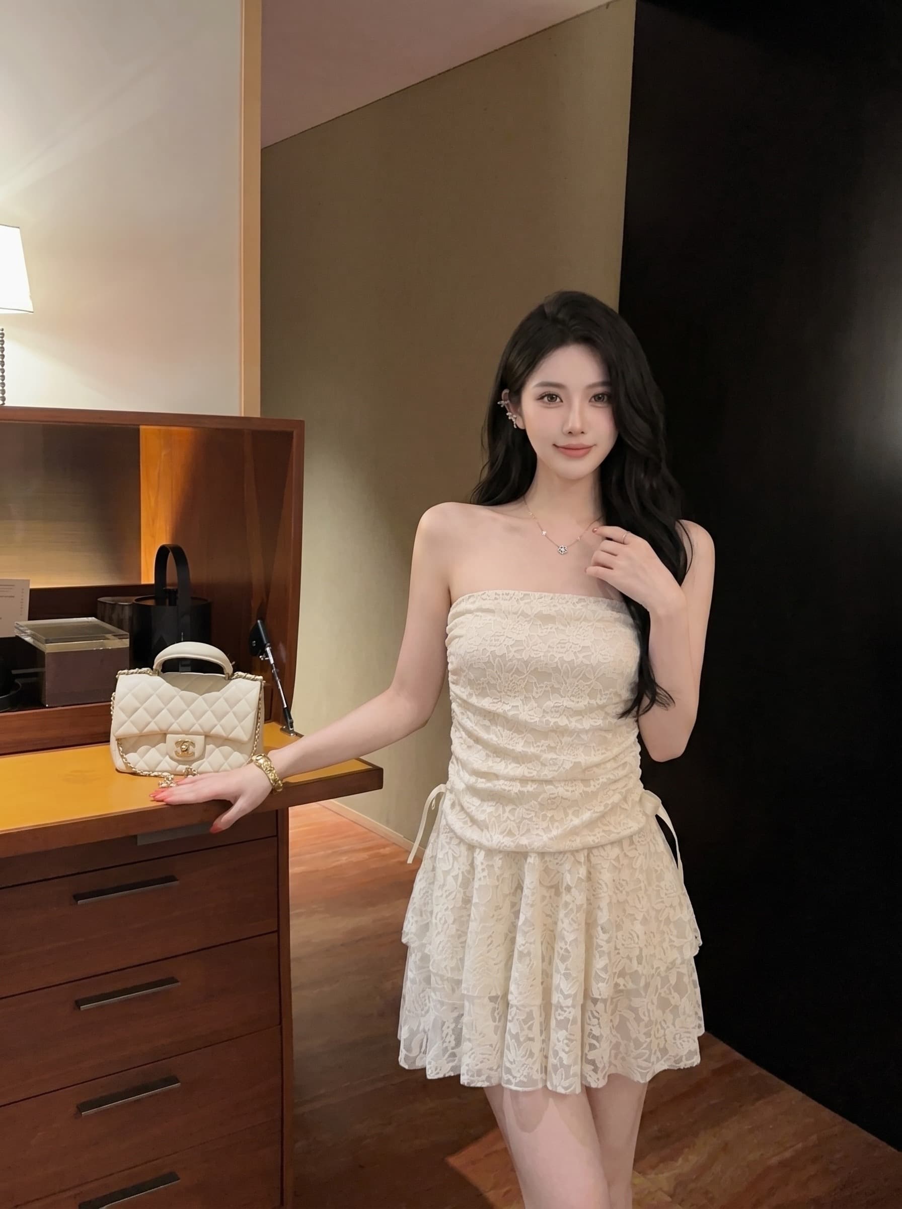 실사 프랑스식 순수한 욕망 허리 수축 자카드 튜브탑 치마 작은 대중 바람 디자인 센스 여름 단색 쇼트 스타일 드레스