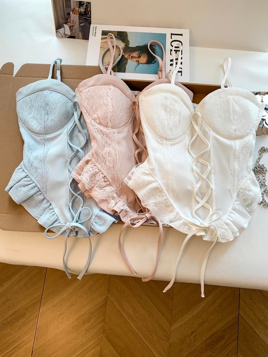 실사 달콤함 섹시함 품격 레이스 측면 십자가 스트랩 불규칙 벨트 가슴 패드 쇼트 스타일 캐미솔 여름 상세 이미지 1