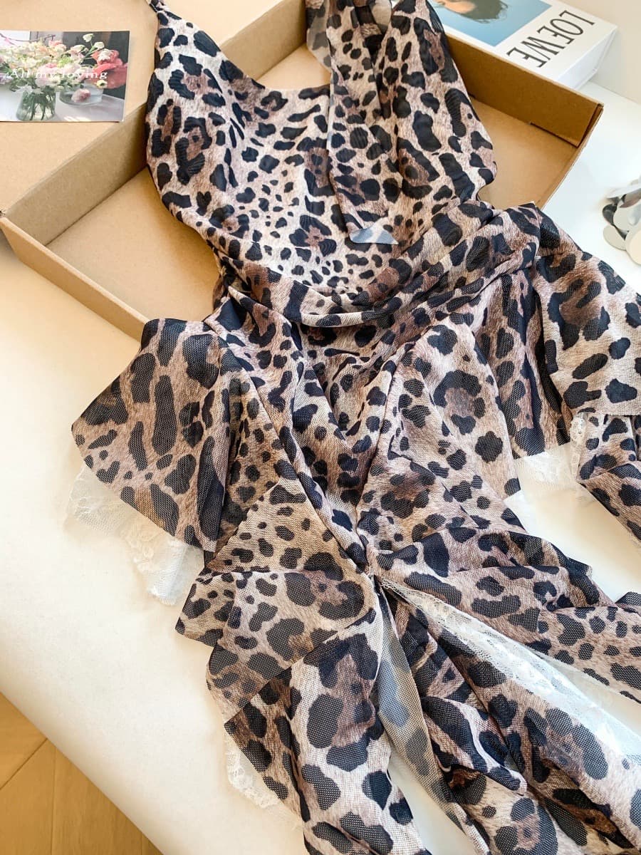 실사 레오파드 무늬 패치워크 레이스 리본 행침 목 불규칙 캐미솔 몸매 가꾸기 망사 민소매 맨위 여성 여름 이미지 3