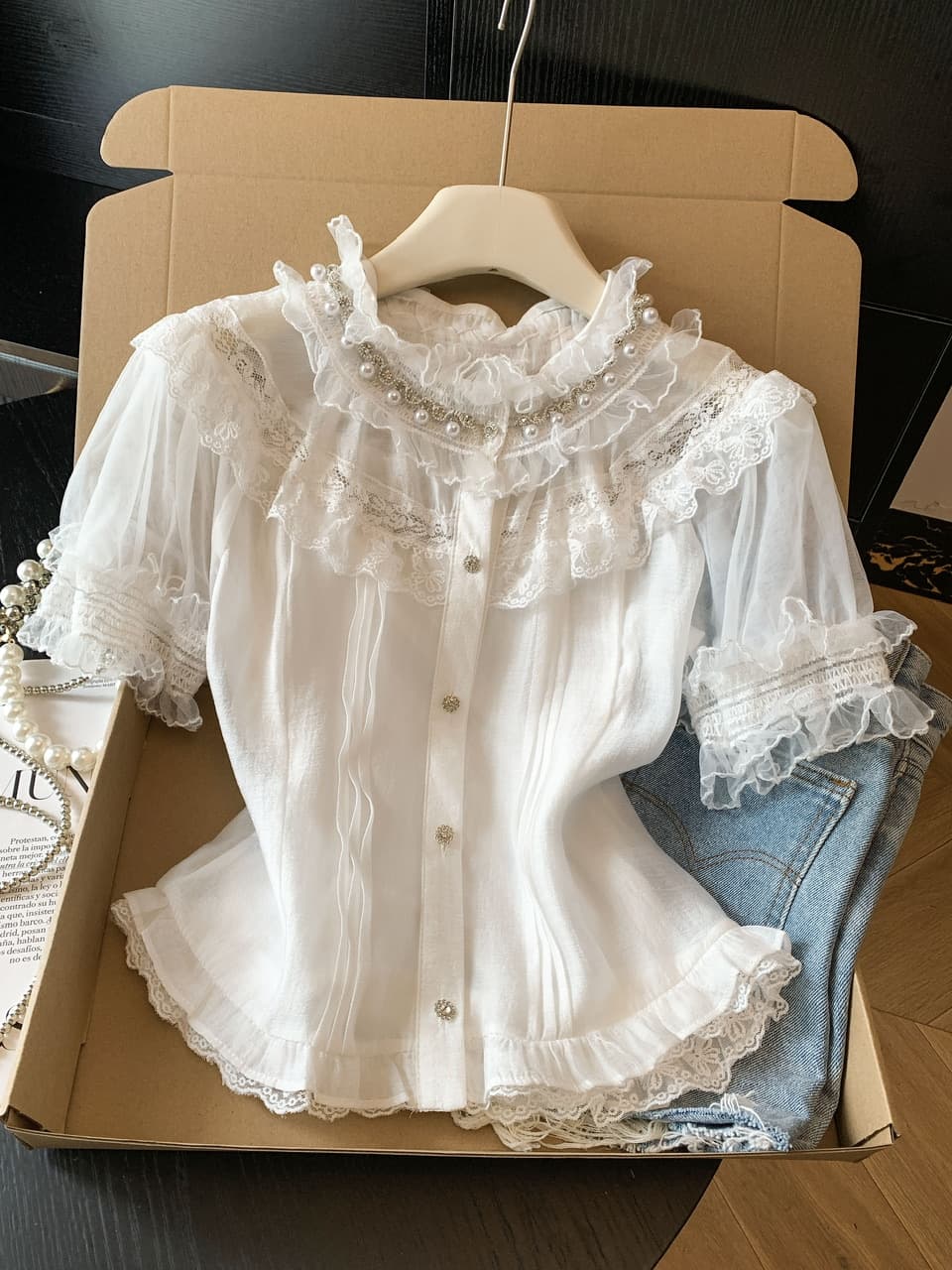 실사 무거운 작업 비즈 박기 스탠드 칼라 반팔 여성 셔츠 여름 새로운 고급 센스 레이스 자수 셔츠 품격 맨위 이미지 2