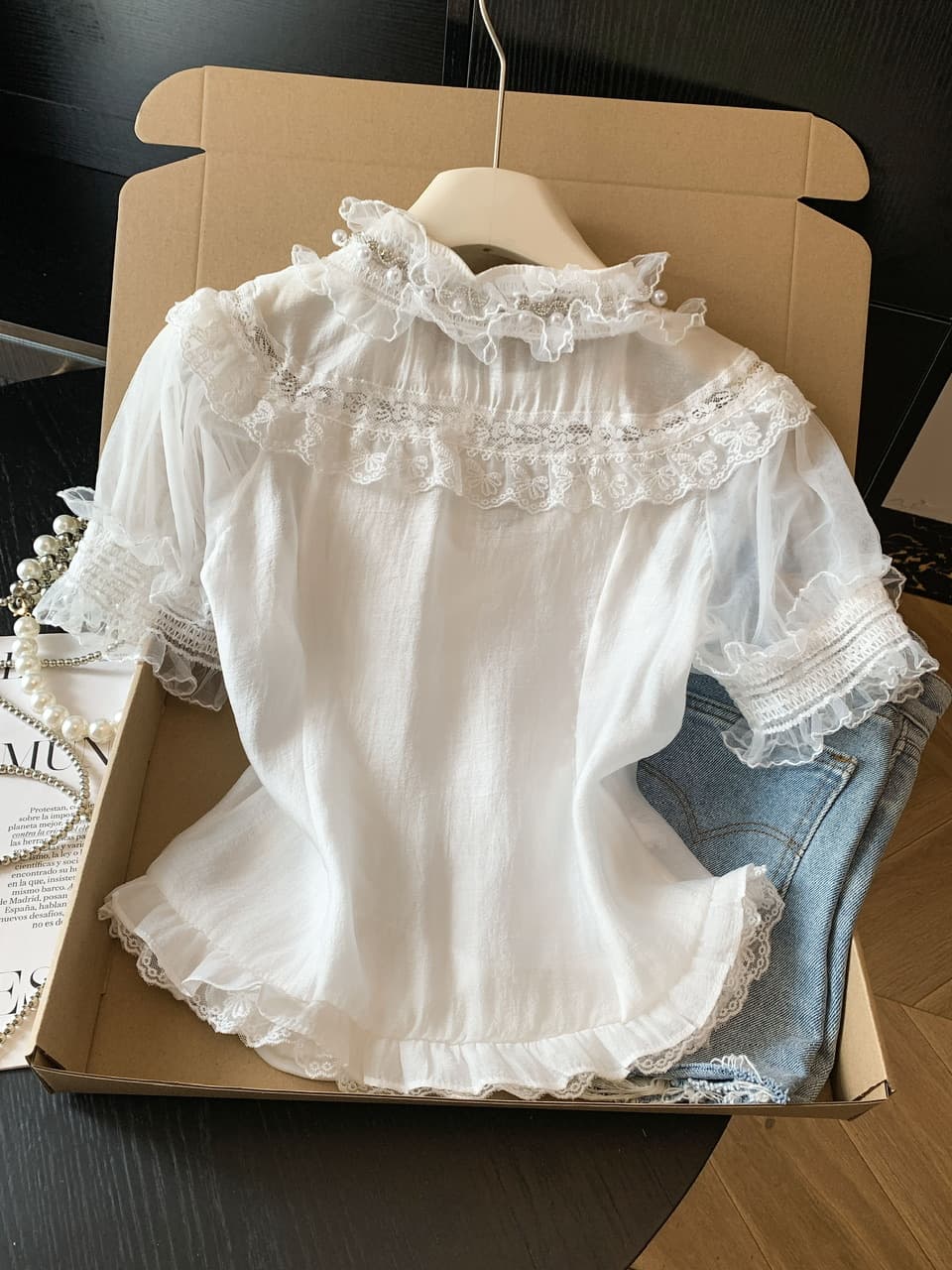 실사 무거운 작업 비즈 박기 스탠드 칼라 반팔 여성 셔츠 여름 새로운 고급 센스 레이스 자수 셔츠 품격 맨위 상세 이미지 7