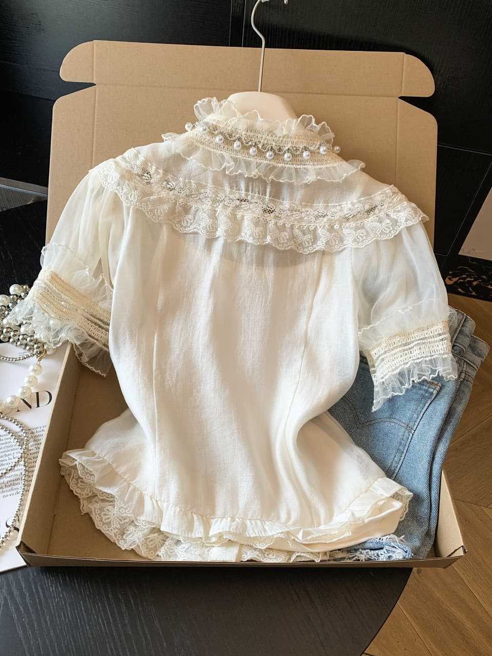 실사 무거운 작업 비즈 박기 스탠드 칼라 반팔 여성 셔츠 여름 새로운 고급 센스 레이스 자수 셔츠 품격 맨위 상세 이미지 15