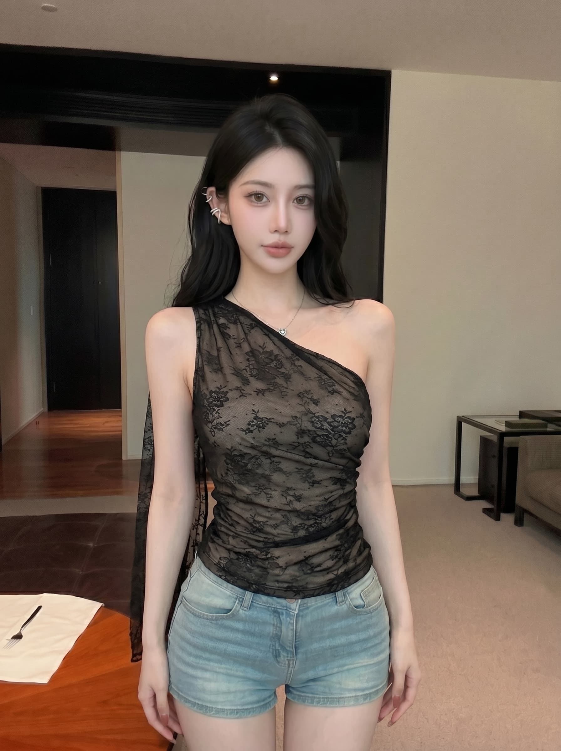 실사 프랑스식 레이스 캐미솔 여름 새로운 개성 리본 비스듬한 어깨 핫걸 바람 다용도 패션 맨위 이미지 4