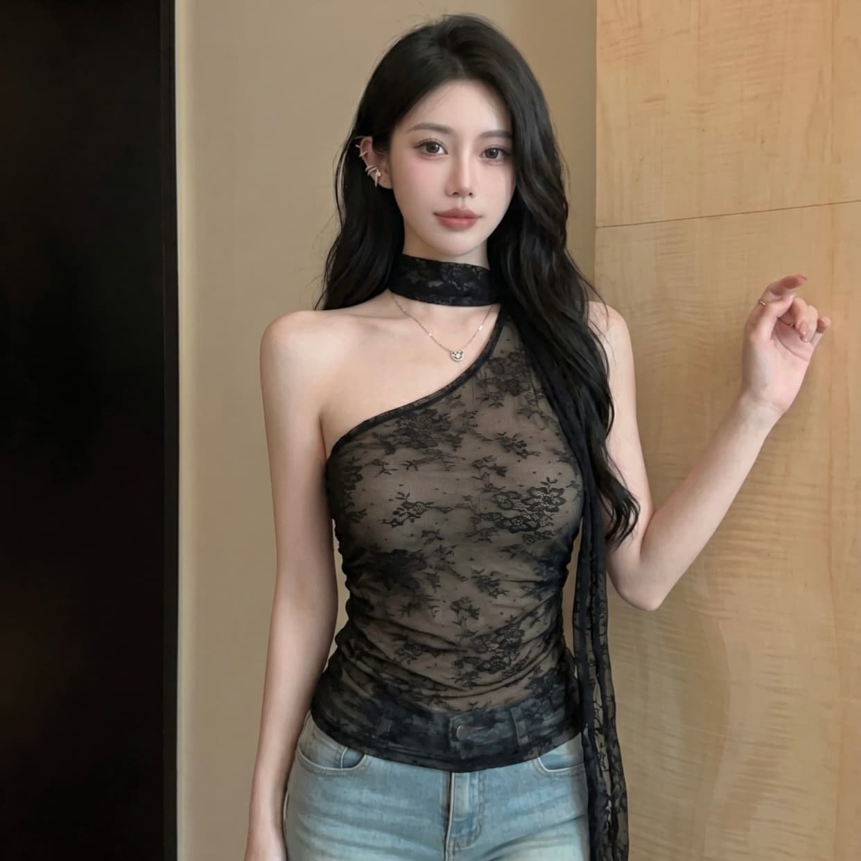 실사 프랑스식 레이스 캐미솔 여름 새로운 개성 리본 비스듬한 어깨 핫걸 바람 다용도 패션 맨위 이미지 5