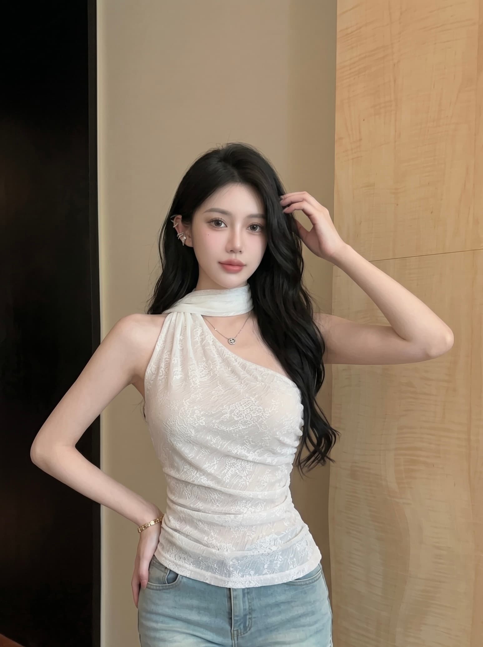 실사 프랑스식 레이스 캐미솔 여름 새로운 개성 리본 비스듬한 어깨 핫걸 바람 다용도 패션 맨위 상세 이미지 2