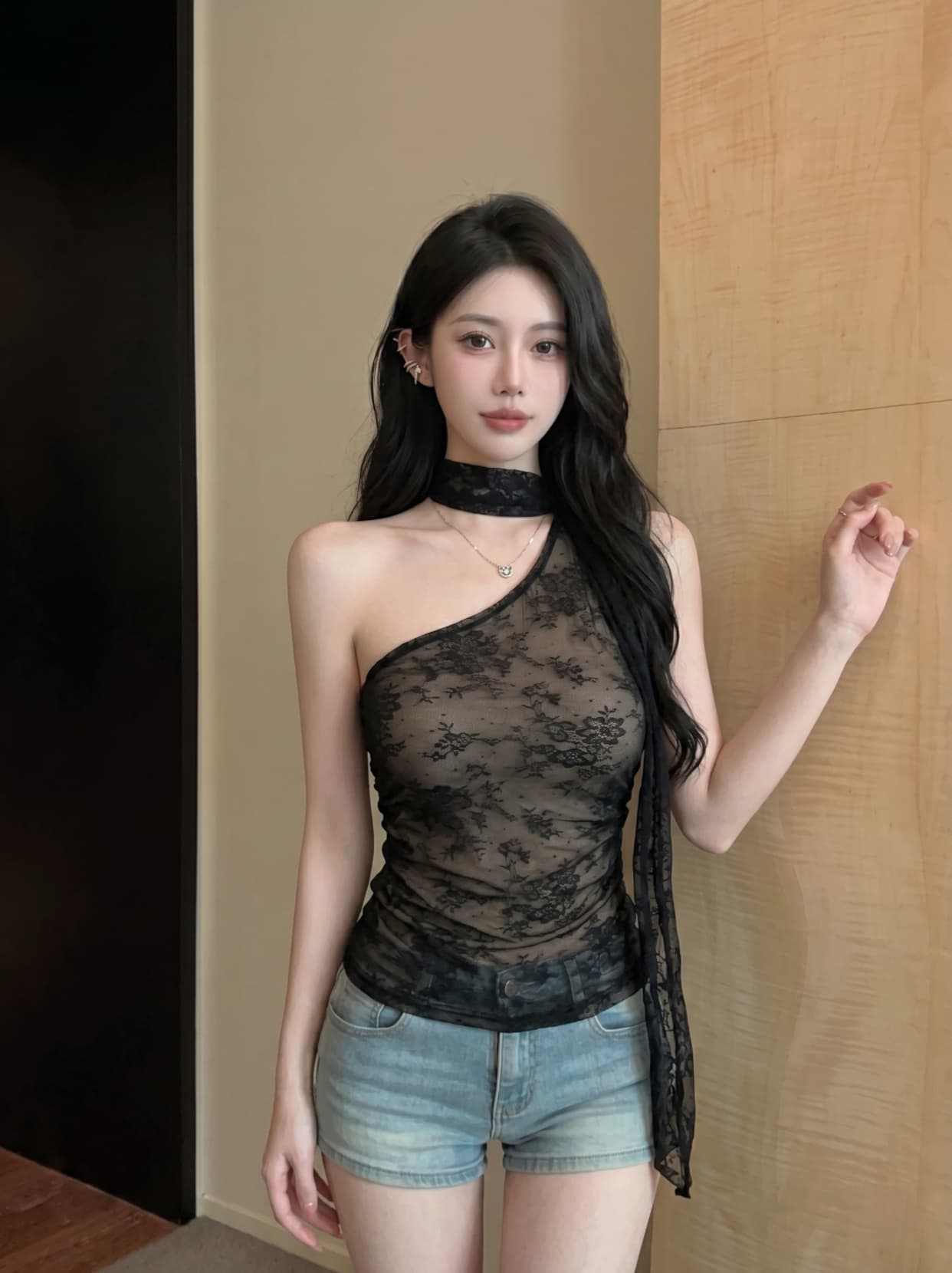 실사 프랑스식 레이스 캐미솔 여름 새로운 개성 리본 비스듬한 어깨 핫걸 바람 다용도 패션 맨위 상세 이미지 5