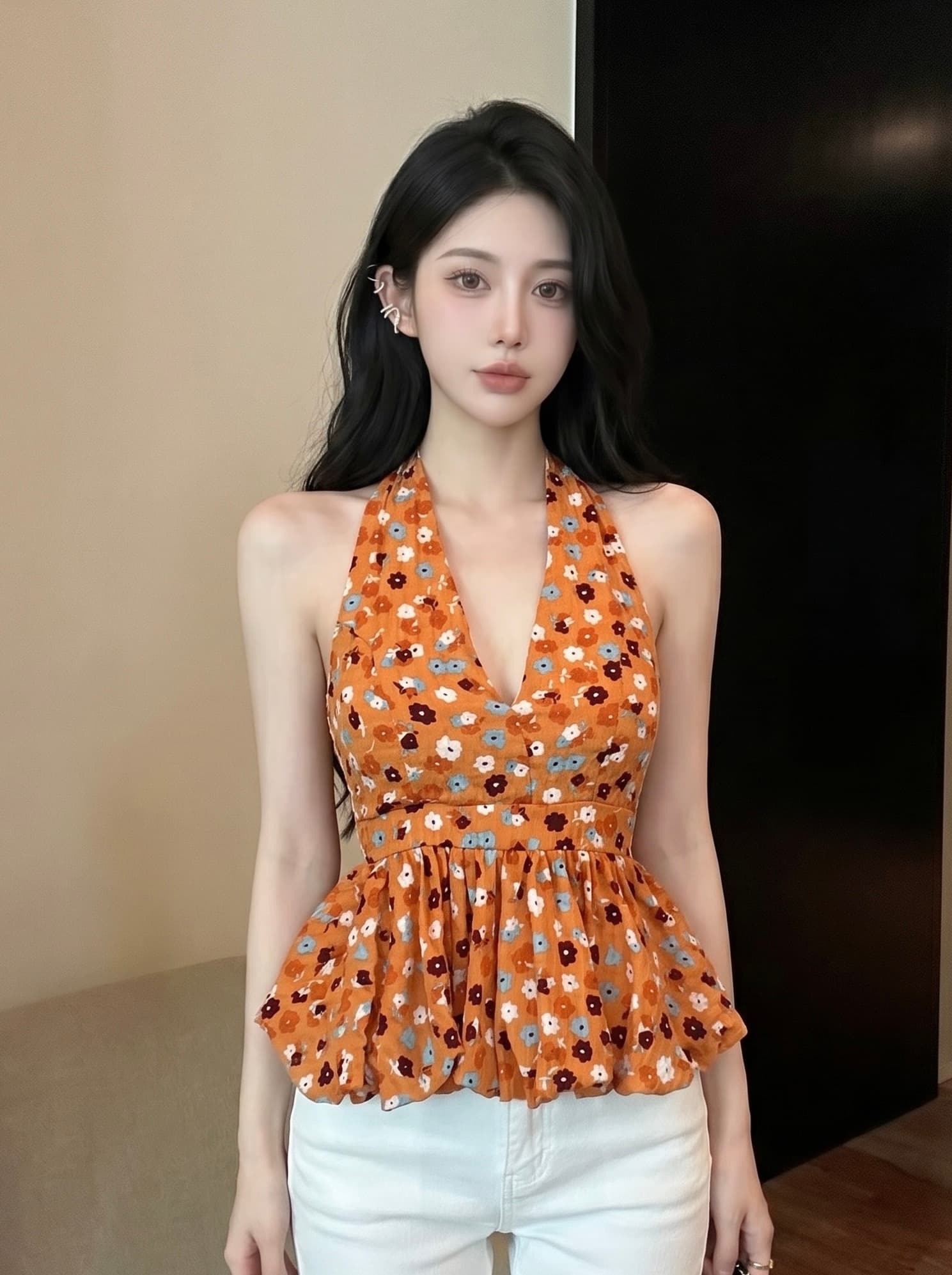 실사 프랑스식 섹시함 행침 목 V넥 꽃무늬 조끼 허리 수축 디자인 퍼프 민소매 대 백리스 슬림해 보이는 맨위 여성