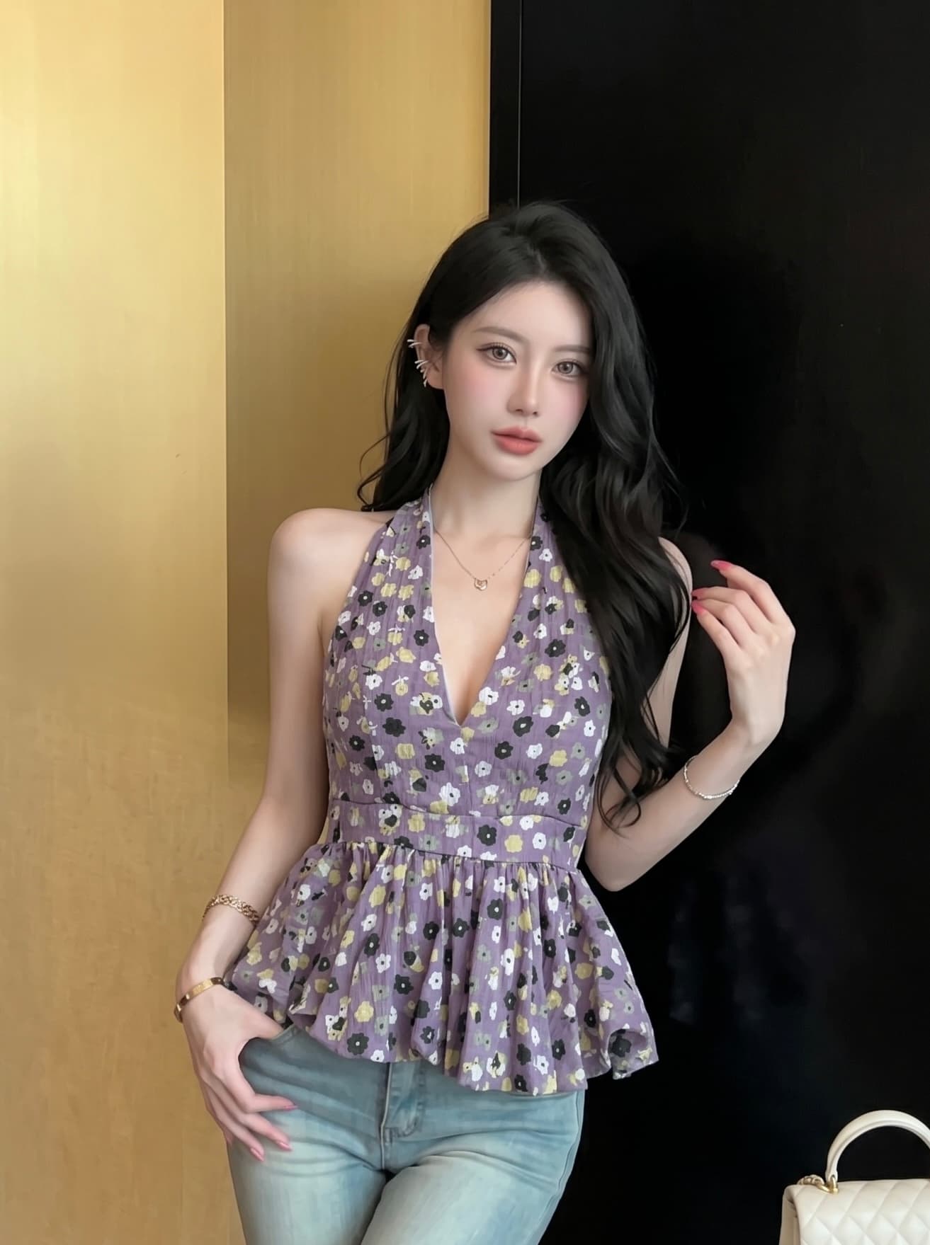 실사 프랑스식 섹시함 행침 목 V넥 꽃무늬 조끼 허리 수축 디자인 퍼프 민소매 대 백리스 슬림해 보이는 맨위 여성 이미지 2