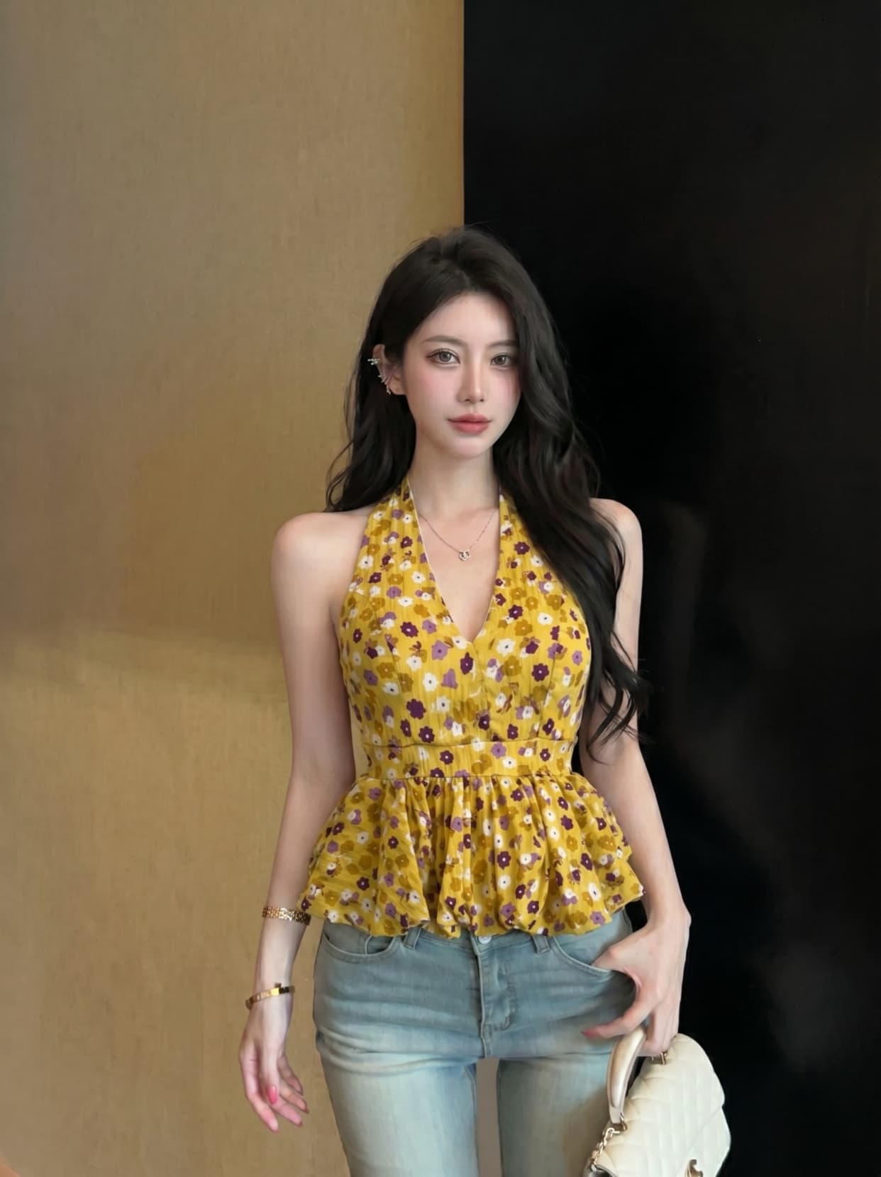 실사 프랑스식 섹시함 행침 목 V넥 꽃무늬 조끼 허리 수축 디자인 퍼프 민소매 대 백리스 슬림해 보이는 맨위 여성 상세 이미지 1