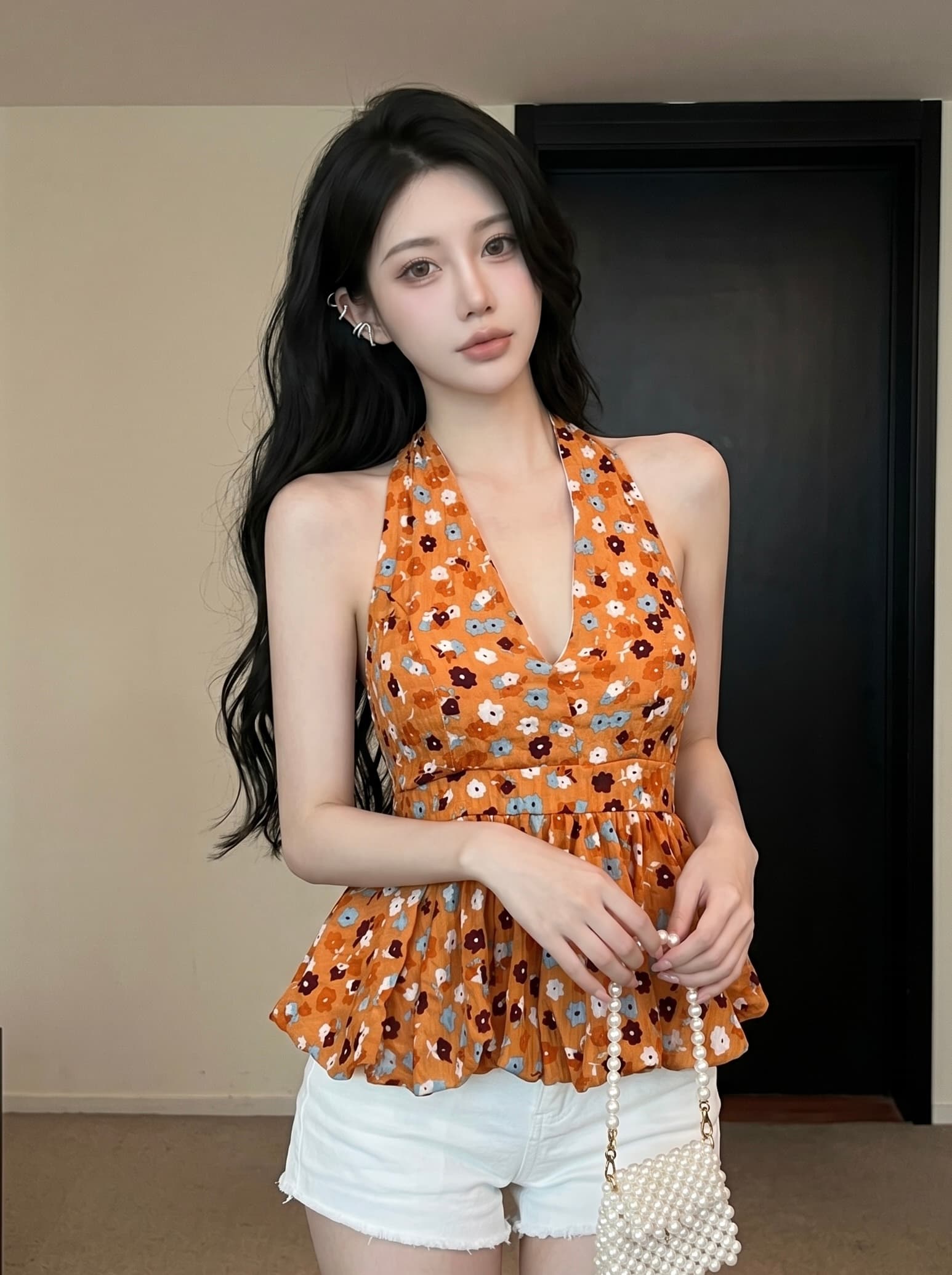실사 프랑스식 섹시함 행침 목 V넥 꽃무늬 조끼 허리 수축 디자인 퍼프 민소매 대 백리스 슬림해 보이는 맨위 여성 상세 이미지 4