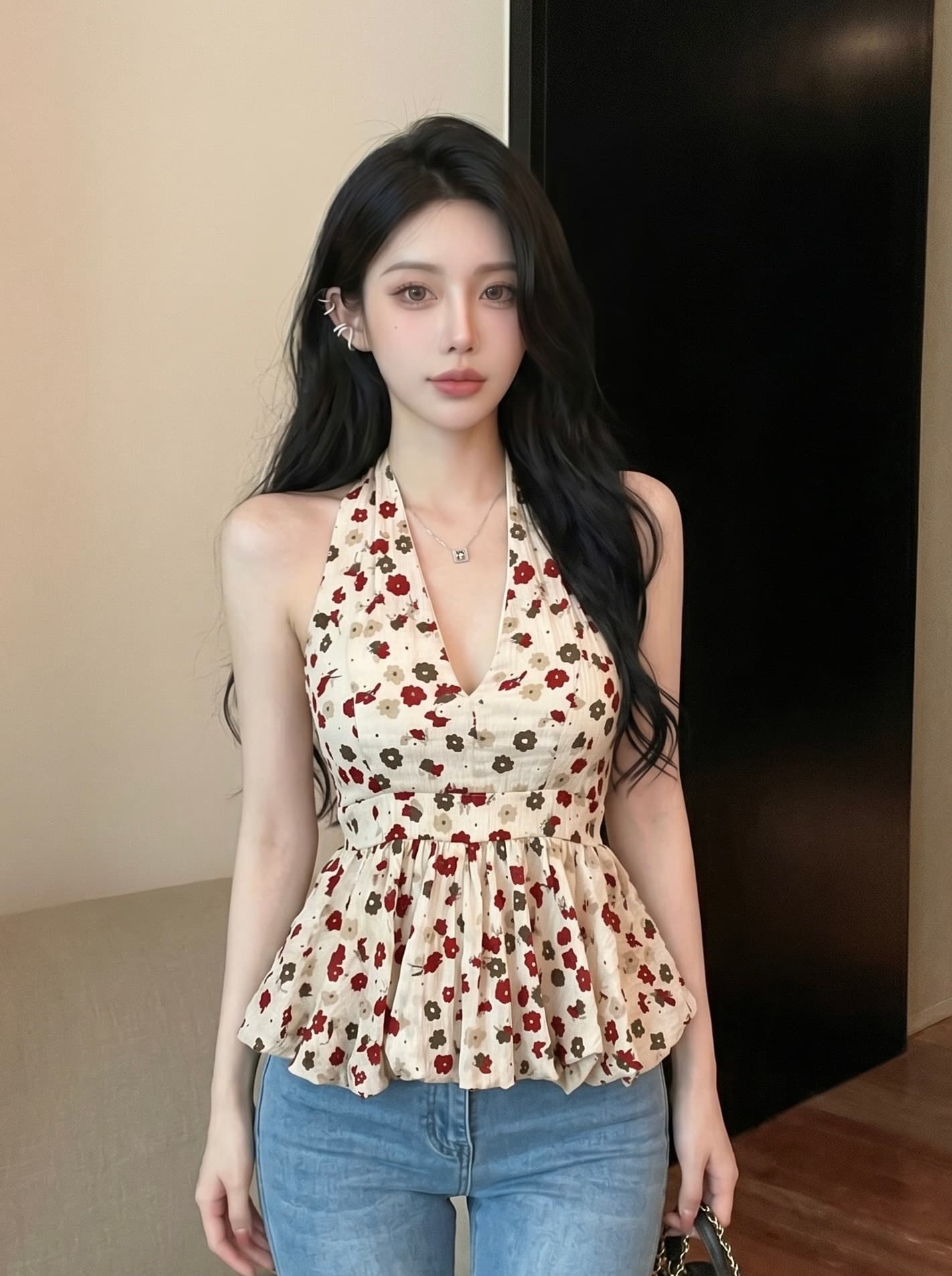실사 프랑스식 섹시함 행침 목 V넥 꽃무늬 조끼 허리 수축 디자인 퍼프 민소매 대 백리스 슬림해 보이는 맨위 여성 상세 이미지 6