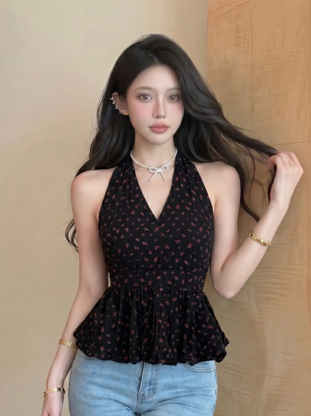 실사 순수한 욕망 민소매 행침 목 레이스업 V넥 꽃무늬 여성 셔츠 여름 플리츠 백리스 프릴 치마 맨위 이미지 4