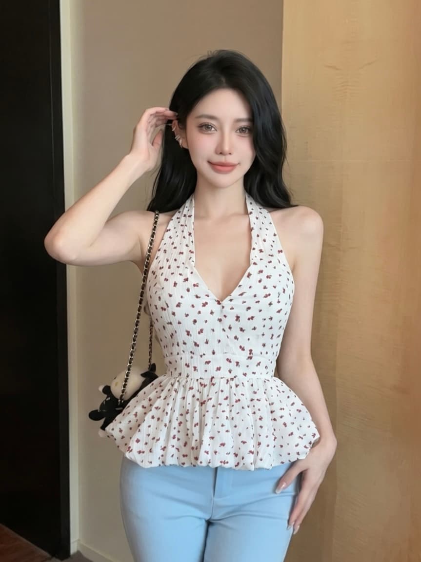 실사 순수한 욕망 민소매 행침 목 레이스업 V넥 꽃무늬 여성 셔츠 여름 플리츠 백리스 프릴 치마 맨위 상세 이미지 2