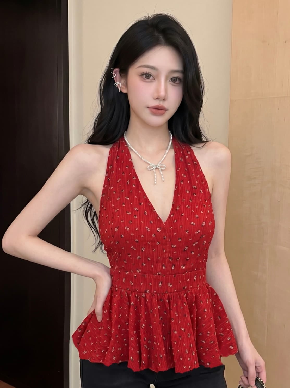 실사 순수한 욕망 민소매 행침 목 레이스업 V넥 꽃무늬 여성 셔츠 여름 플리츠 백리스 프릴 치마 맨위 상세 이미지 4