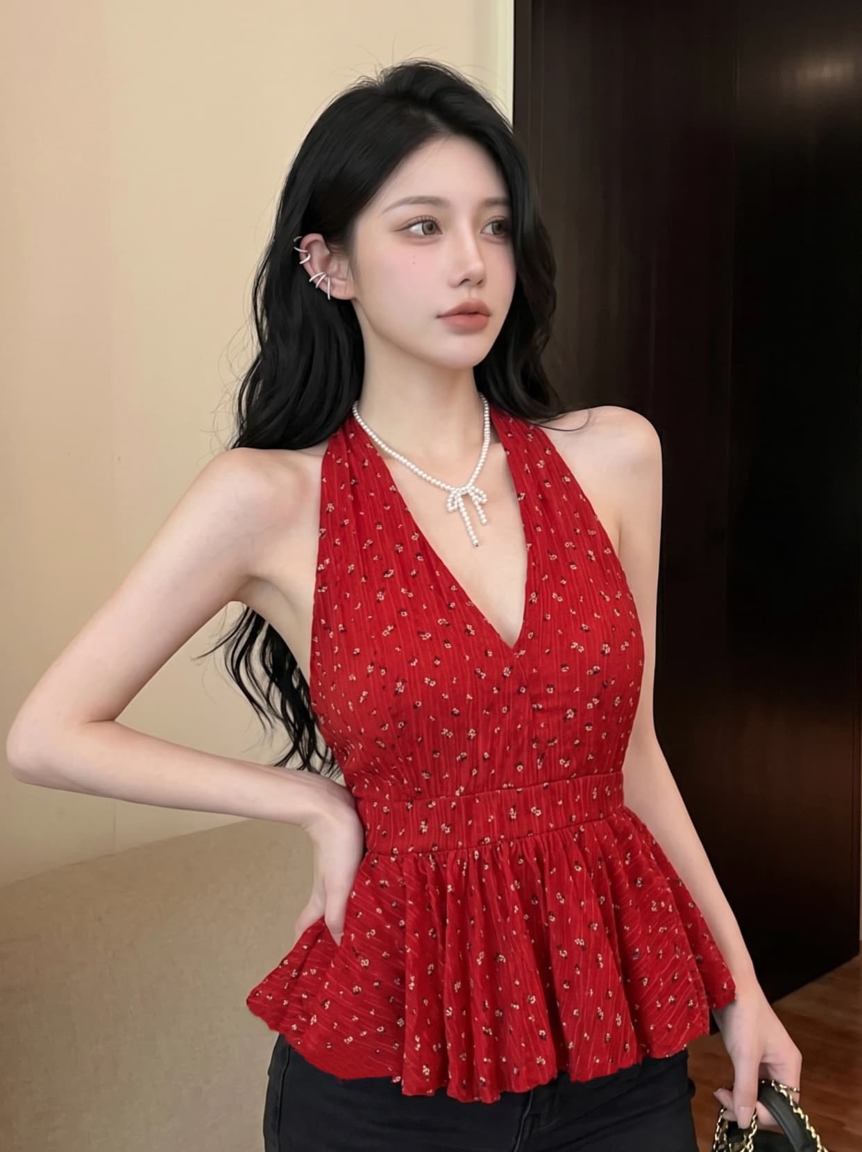 실사 순수한 욕망 민소매 행침 목 레이스업 V넥 꽃무늬 여성 셔츠 여름 플리츠 백리스 프릴 치마 맨위 상세 이미지 5