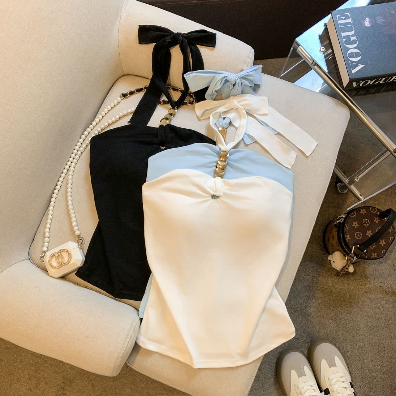 실사 행침 목 슬립 구슬 사슬 오프숄더 튜브탑 조끼 섹시함 몸매 가꾸기 벨트 가슴 패드 민소매 맨위 여성 외출용 상세 이미지 1