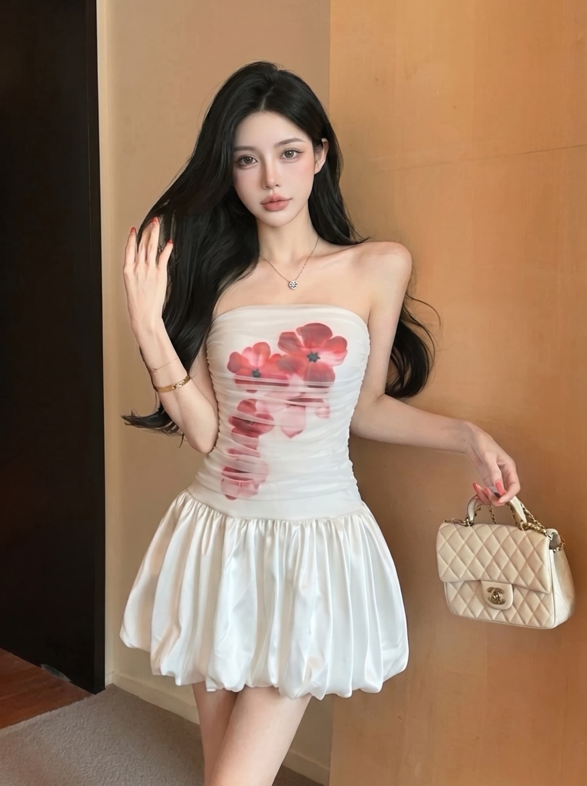 실사 느긋한 순수한 욕망 망사 패치워크 프린트 튜브탑 여성 드레스 여름 하이웨이스트 슬림해 보이는 섹시함 퍼프 스커트 상세 이미지 1
