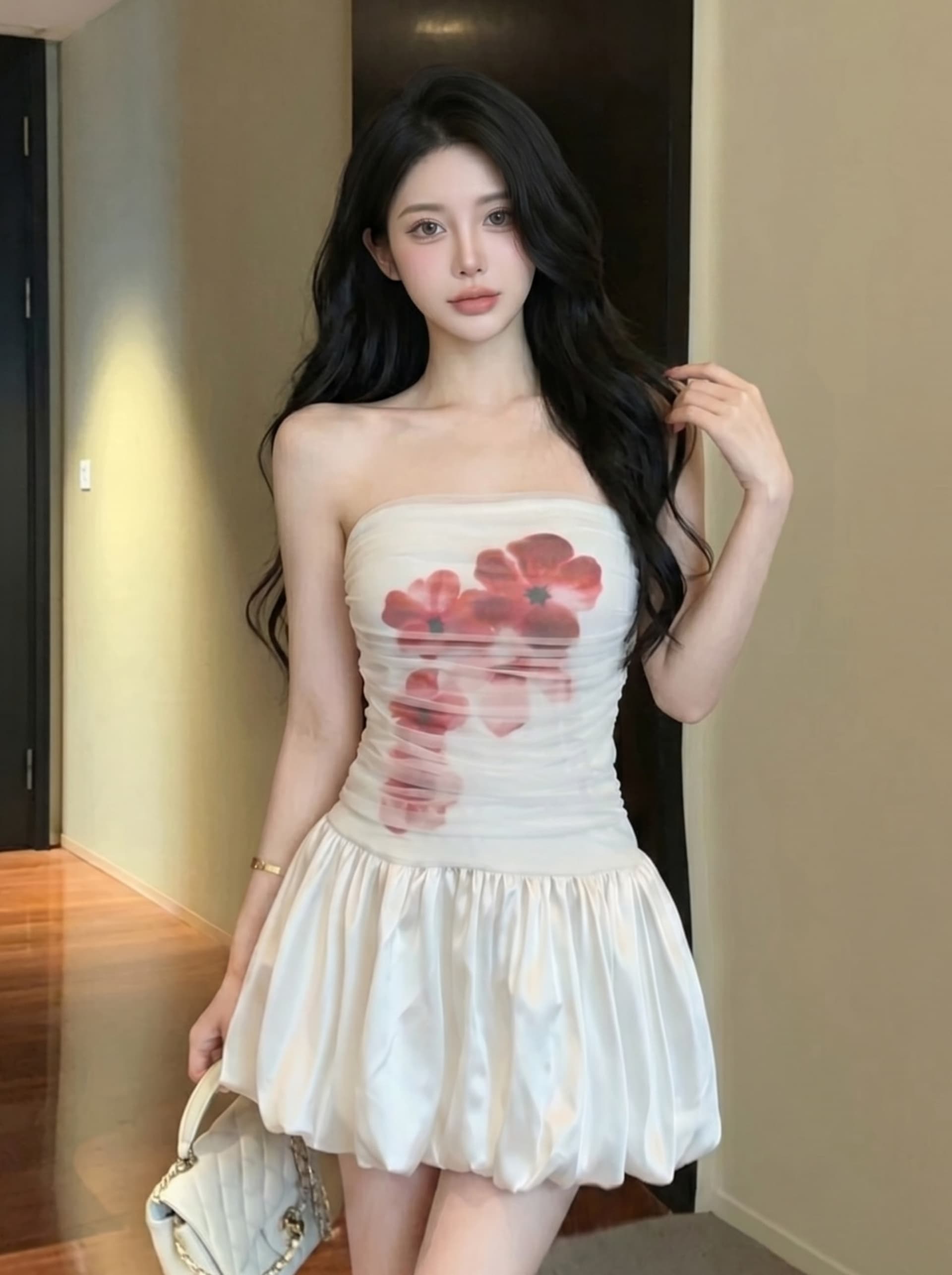 실사 느긋한 순수한 욕망 망사 패치워크 프린트 튜브탑 여성 드레스 여름 하이웨이스트 슬림해 보이는 섹시함 퍼프 스커트 상세 이미지 2