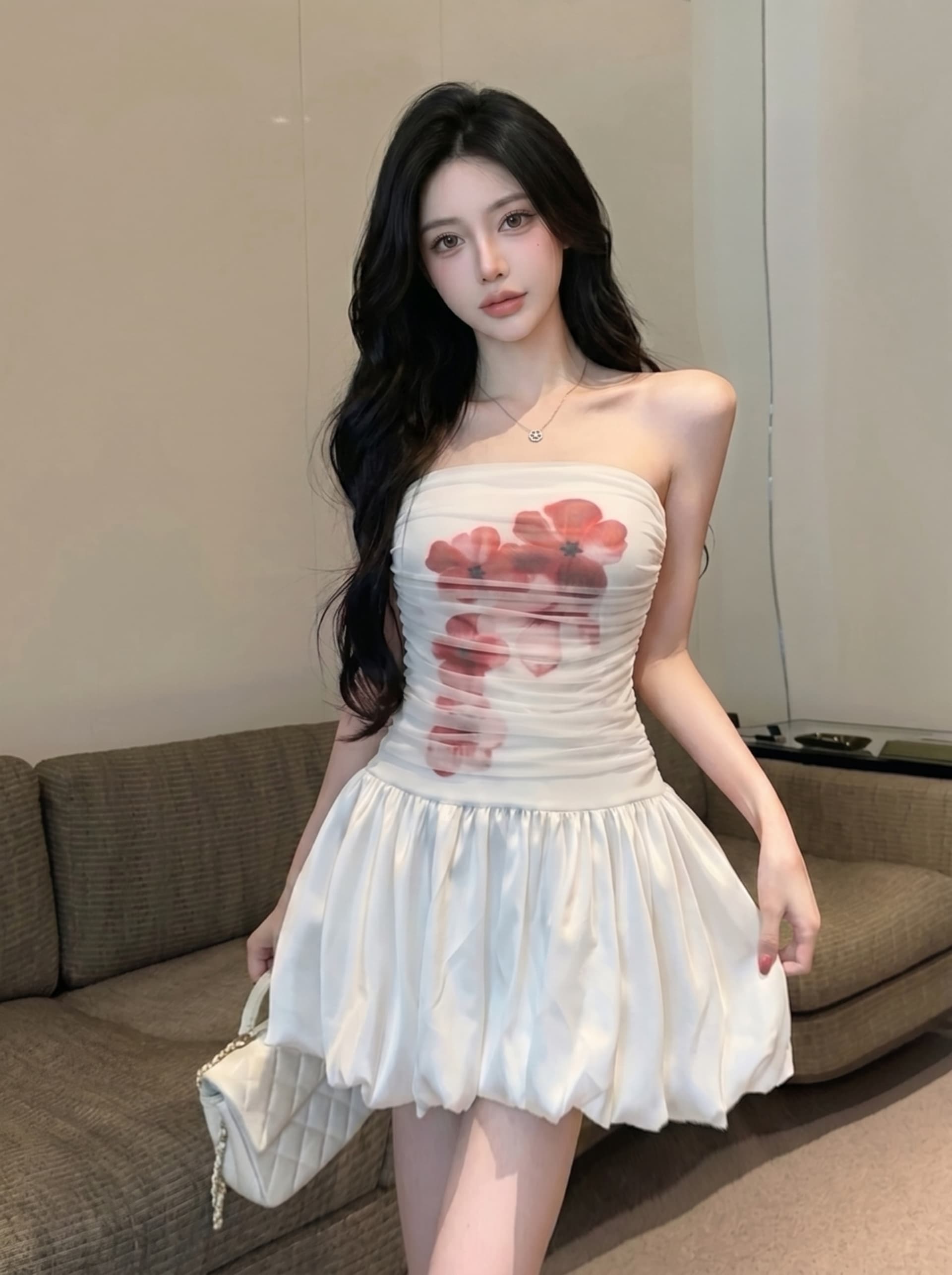 실사 느긋한 순수한 욕망 망사 패치워크 프린트 튜브탑 여성 드레스 여름 하이웨이스트 슬림해 보이는 섹시함 퍼프 스커트 상세 이미지 5