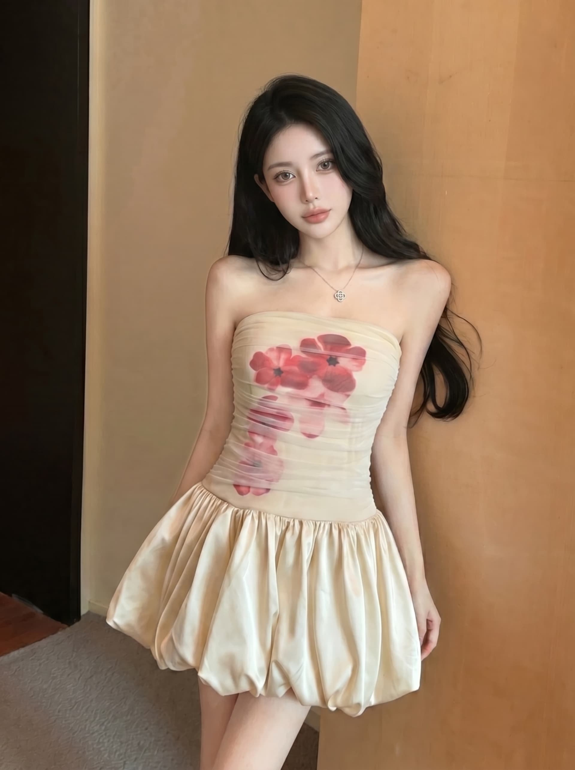 실사 느긋한 순수한 욕망 망사 패치워크 프린트 튜브탑 여성 드레스 여름 하이웨이스트 슬림해 보이는 섹시함 퍼프 스커트 상세 이미지 6