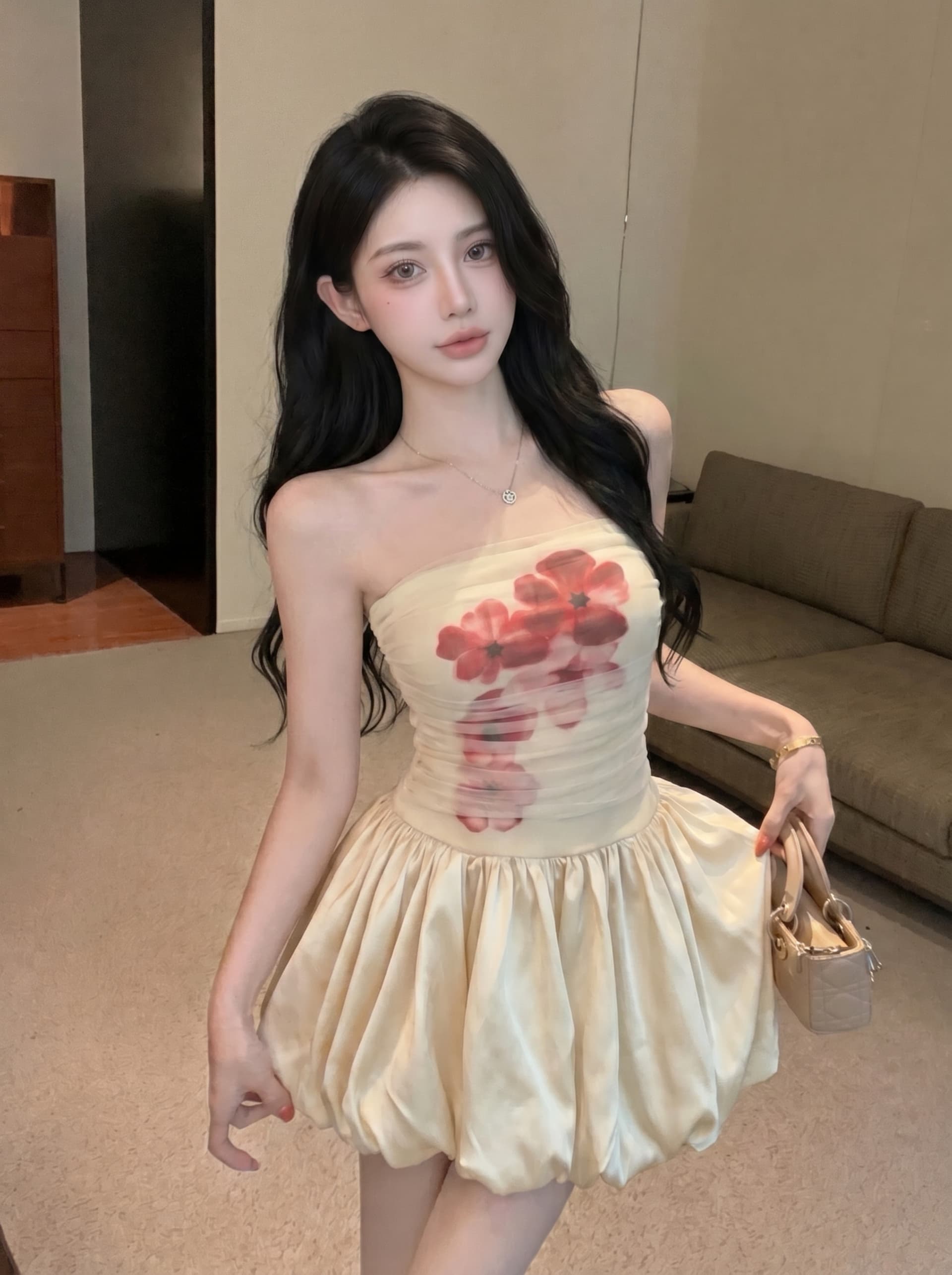 실사 느긋한 순수한 욕망 망사 패치워크 프린트 튜브탑 여성 드레스 여름 하이웨이스트 슬림해 보이는 섹시함 퍼프 스커트 상세 이미지 7