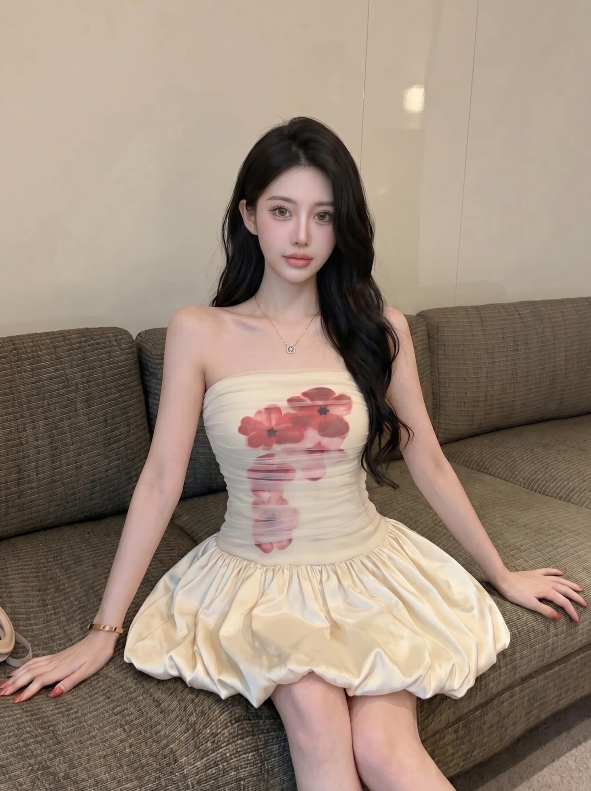 실사 느긋한 순수한 욕망 망사 패치워크 프린트 튜브탑 여성 드레스 여름 하이웨이스트 슬림해 보이는 섹시함 퍼프 스커트 상세 이미지 8