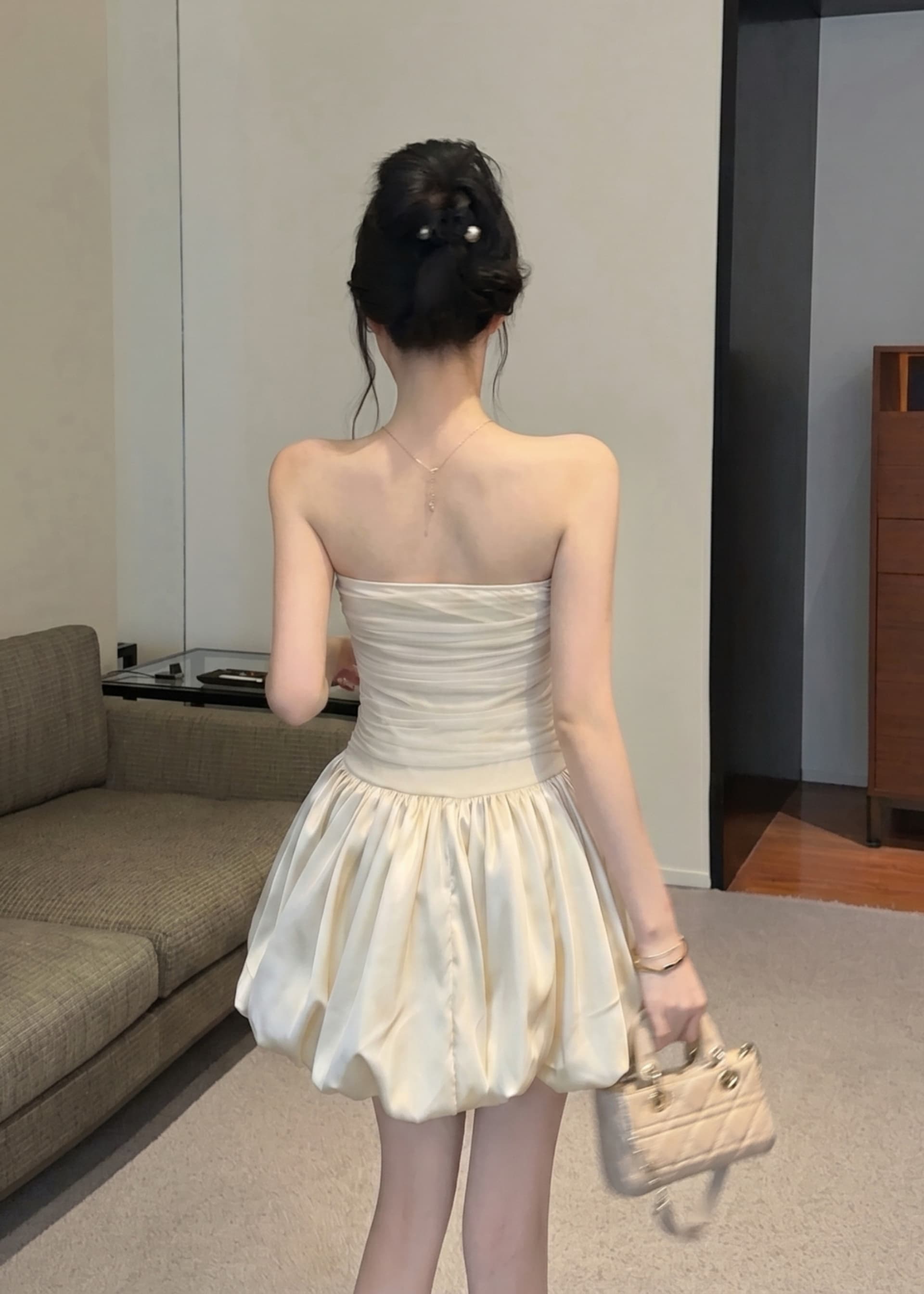 실사 느긋한 순수한 욕망 망사 패치워크 프린트 튜브탑 여성 드레스 여름 하이웨이스트 슬림해 보이는 섹시함 퍼프 스커트 상세 이미지 10