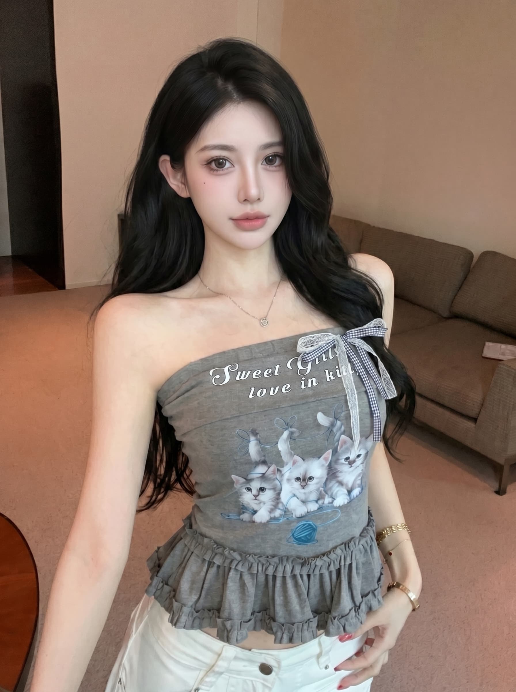 실사 한 부서 고양이 프린트 튜브탑 조끼 여성 여름 새로운 달콤함 연령 감소 몸매 가꾸기 슬림해 보이는 쇼트 스타일 맨위 이미지 3