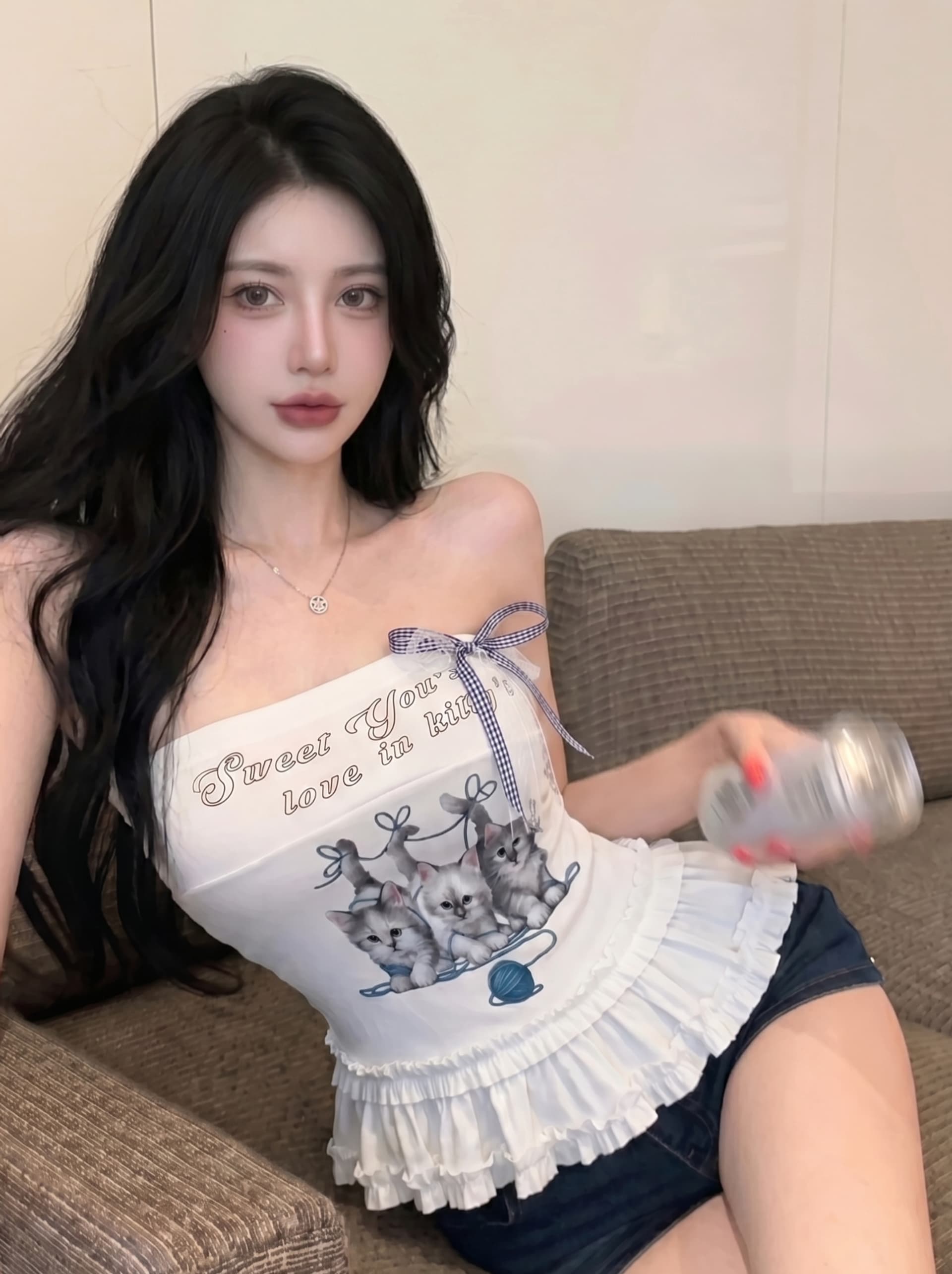 실사 한 부서 고양이 프린트 튜브탑 조끼 여성 여름 새로운 달콤함 연령 감소 몸매 가꾸기 슬림해 보이는 쇼트 스타일 맨위 상세 이미지 3