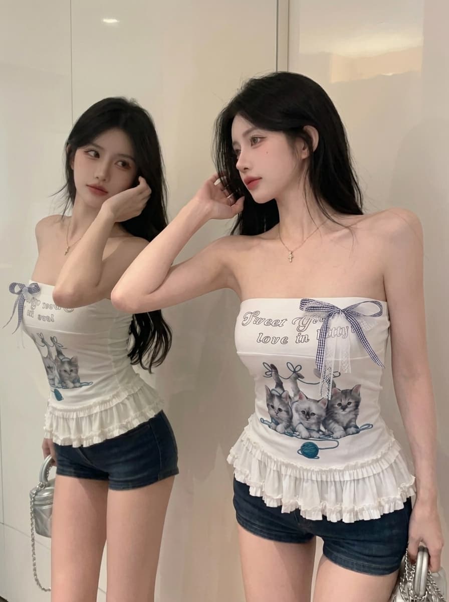 실사 한 부서 고양이 프린트 튜브탑 조끼 여성 여름 새로운 달콤함 연령 감소 몸매 가꾸기 슬림해 보이는 쇼트 스타일 맨위 상세 이미지 5