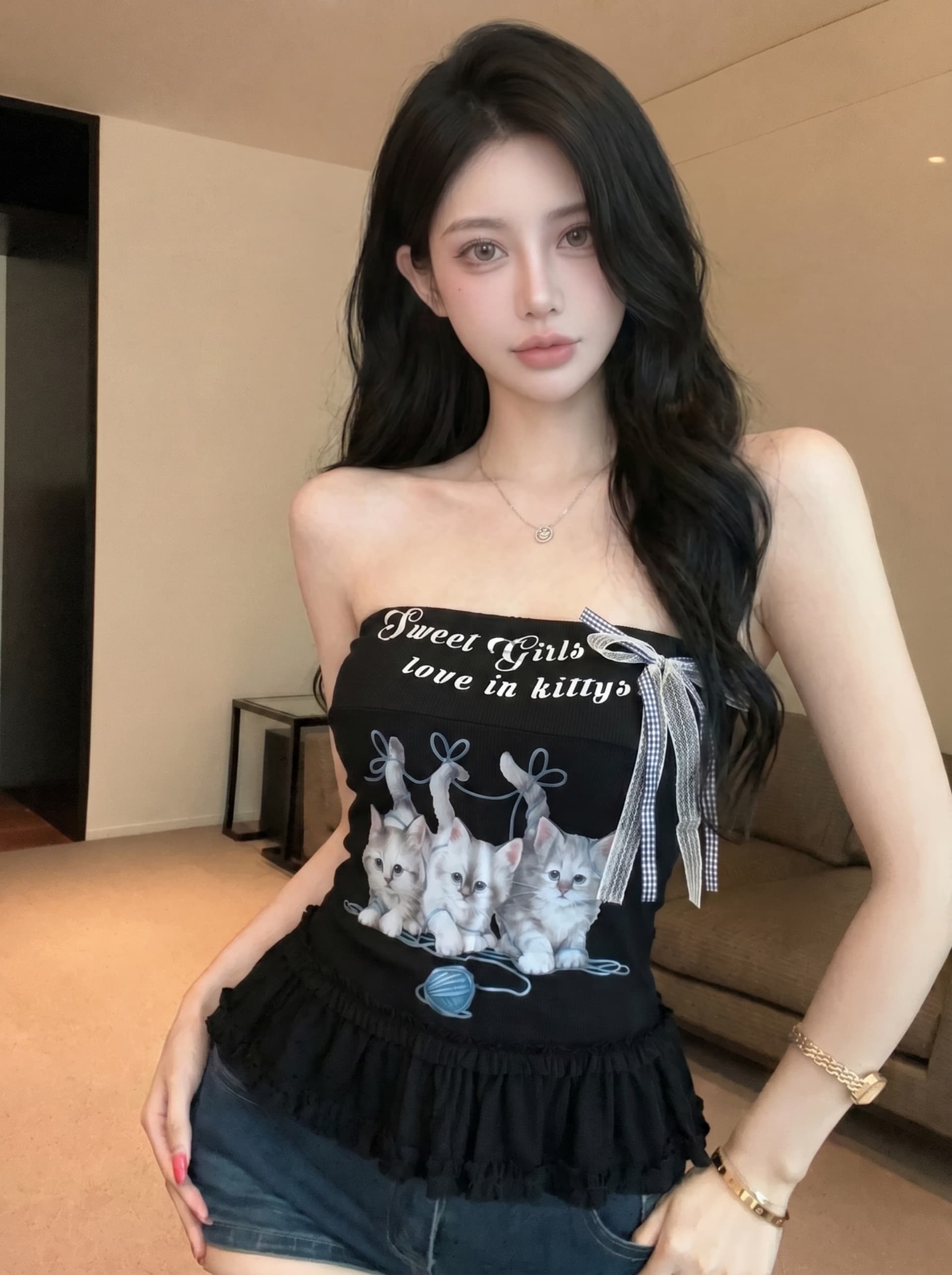실사 한 부서 고양이 프린트 튜브탑 조끼 여성 여름 새로운 달콤함 연령 감소 몸매 가꾸기 슬림해 보이는 쇼트 스타일 맨위 상세 이미지 13