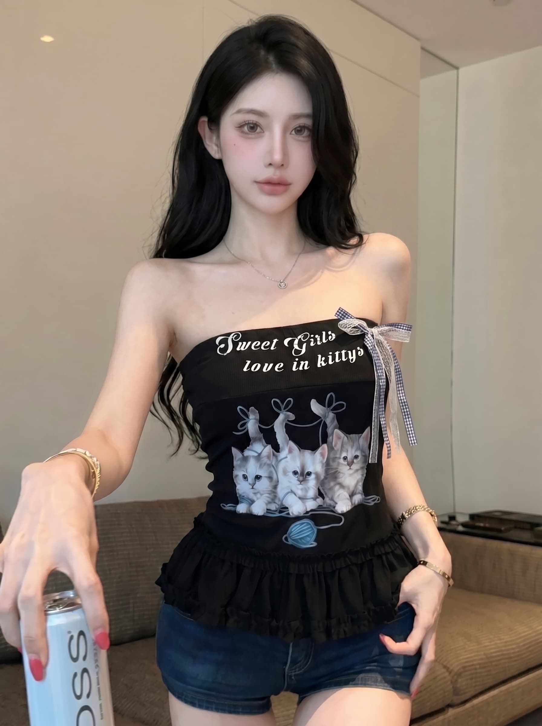 실사 한 부서 고양이 프린트 튜브탑 조끼 여성 여름 새로운 달콤함 연령 감소 몸매 가꾸기 슬림해 보이는 쇼트 스타일 맨위 상세 이미지 15